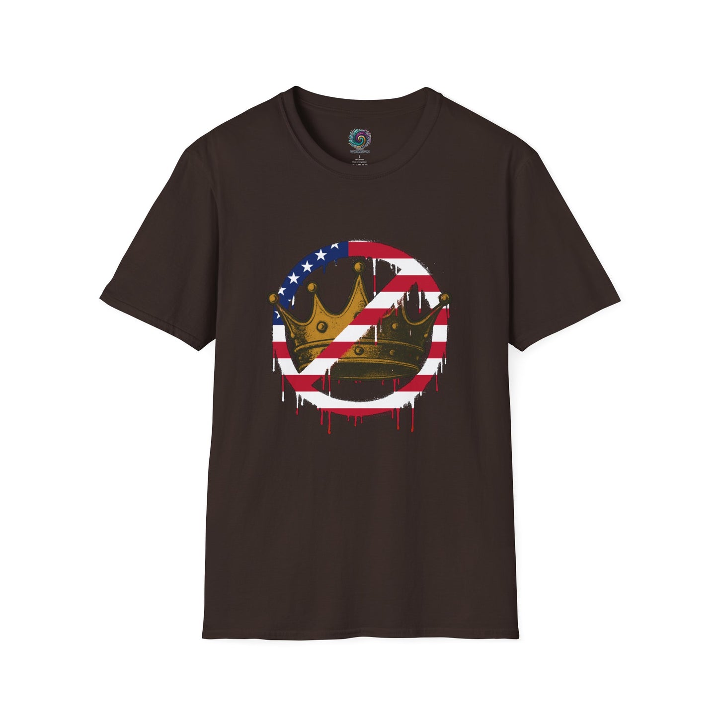 Chocolate No Kings Protest T-Shirt from WhimSpin with a graphic design featuring a crown with the "no" slashed circle symbol drawn in an American flag pattern on a white background