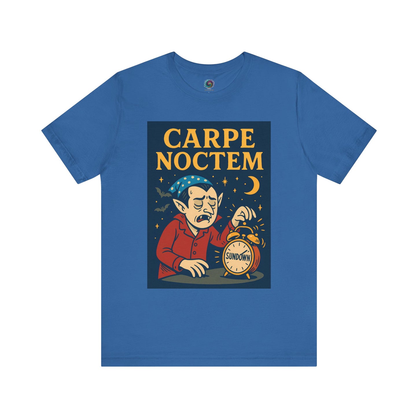 Columbia blue tshirt with 'Carpe Noctem' graphic design featuring a vampire with an alarm clock and moon. Perfect for Halloween parties, vampire fans, and night owls