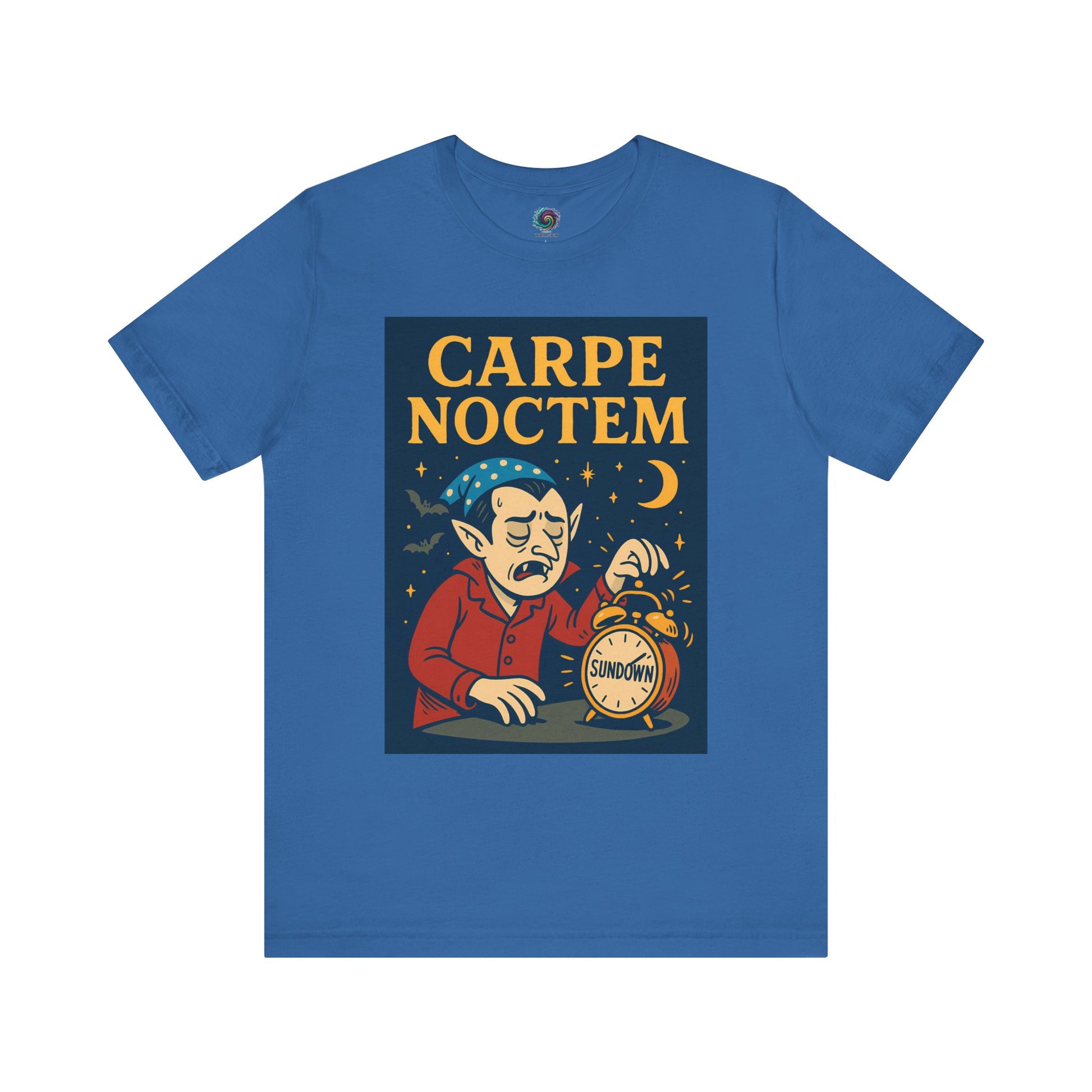 Columbia blue tshirt with 'Carpe Noctem' graphic design featuring a vampire with an alarm clock and moon. Perfect for Halloween parties, vampire fans, and night owls