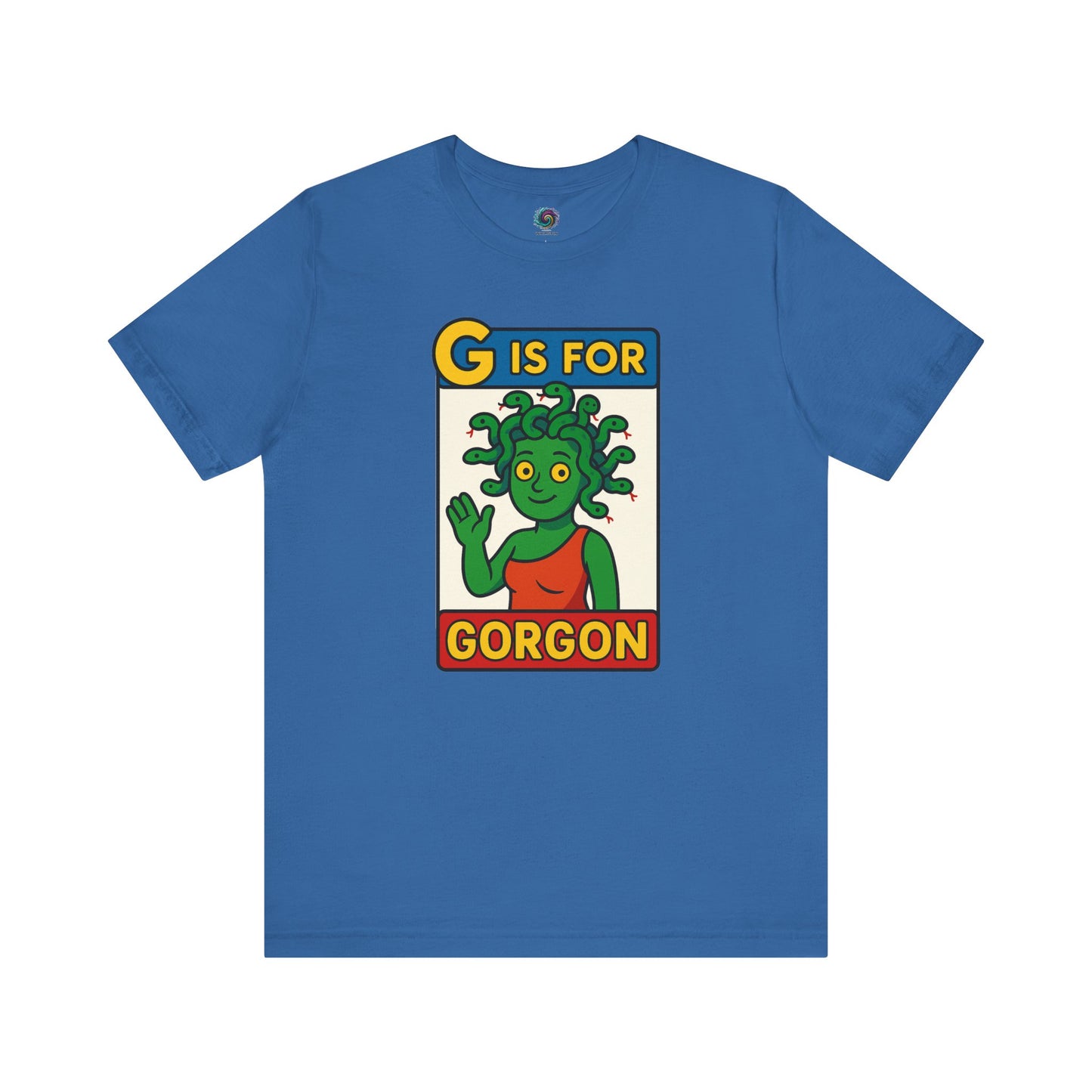 Columbia blue G is for Gorgon tshirt, funny monster alphabet shirt with gorgon head illustration.