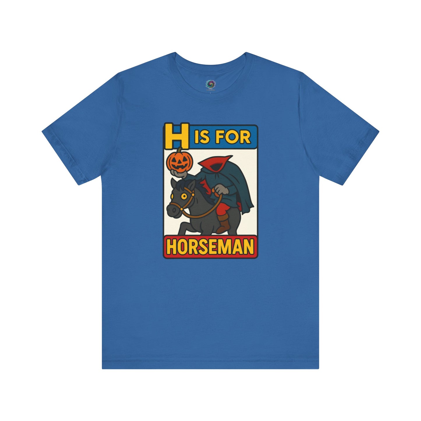 H is for Horseman T-Shirt – Headless Horseman Halloween Tee in columbia blue, flat lay Halloween horseman shirt with playful monster alphabet print.