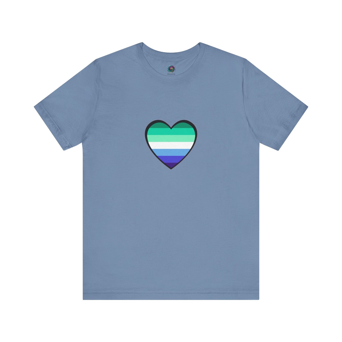 Gay Men's Pride Flag Heart T-Shirt – LGBTQ+ Flag Design on Unisex Tee in steel blue, featuring a gradient gay pride heart with blue and green tones.