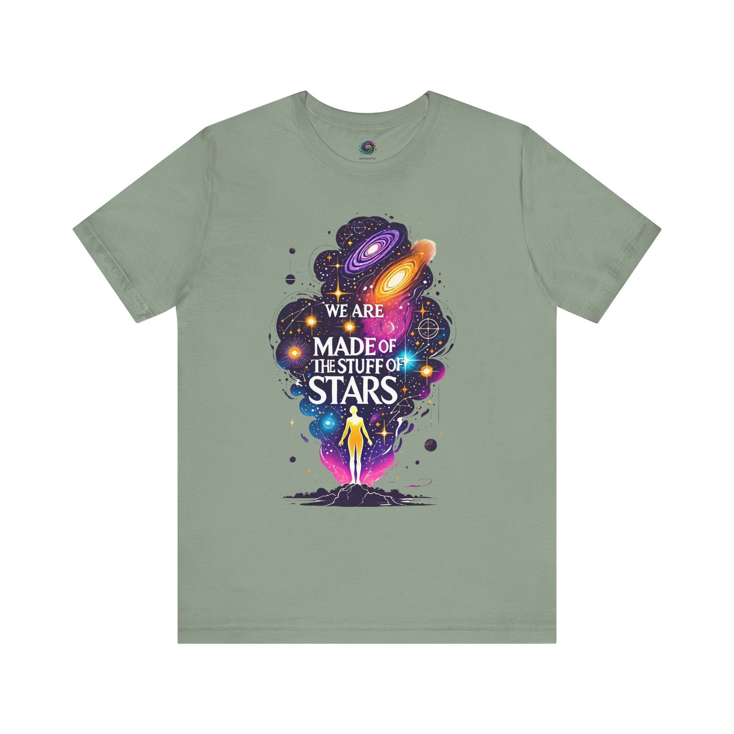 We Are Made of Star Stuff T-Shirt – Carl Sagan Inspired Tee in sage, featuring a peaceful and colorful galaxy scene.