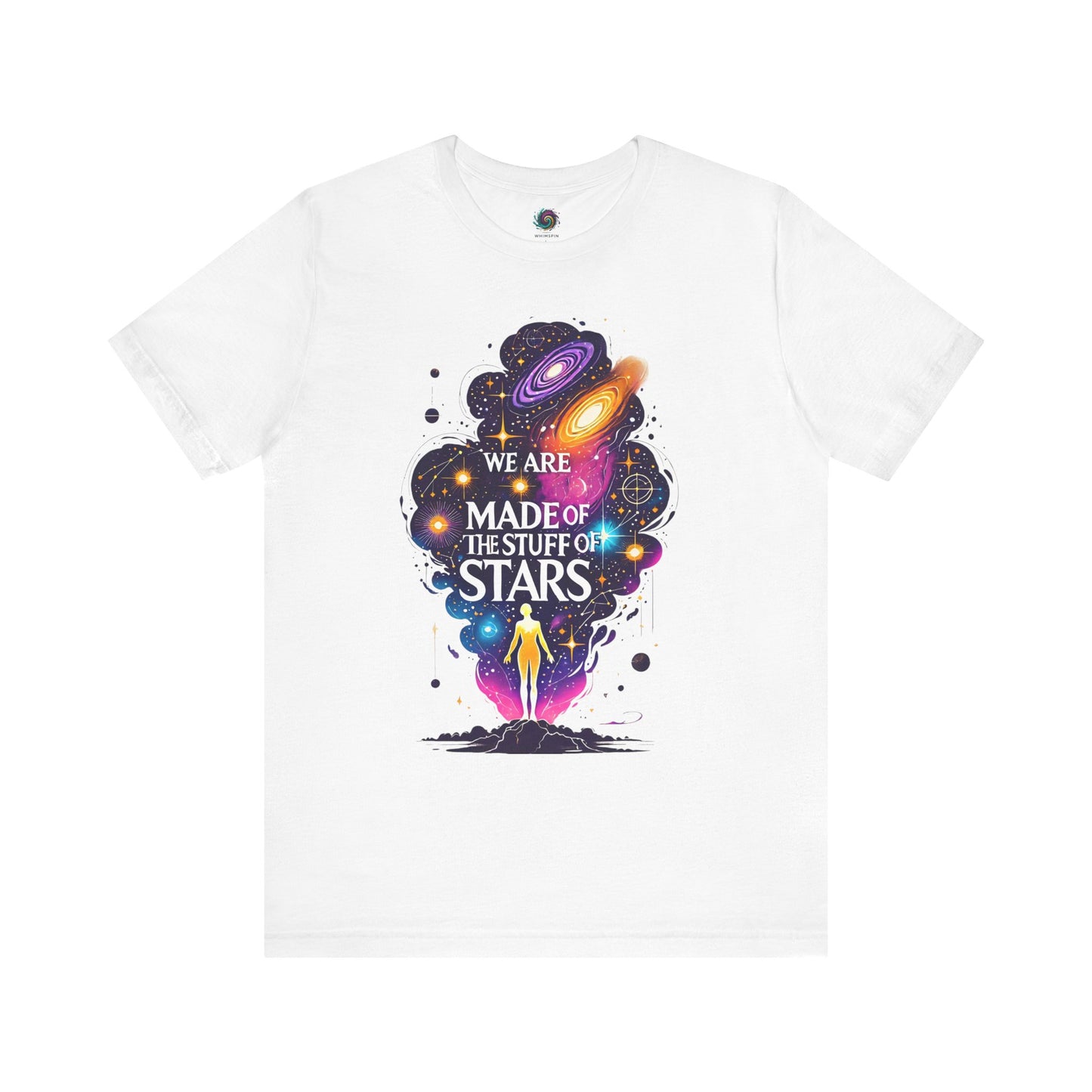 We Are Made of Star Stuff T-Shirt – Carl Sagan Inspired Galaxy Tee in white, featuring planets and stars in vivid colors.