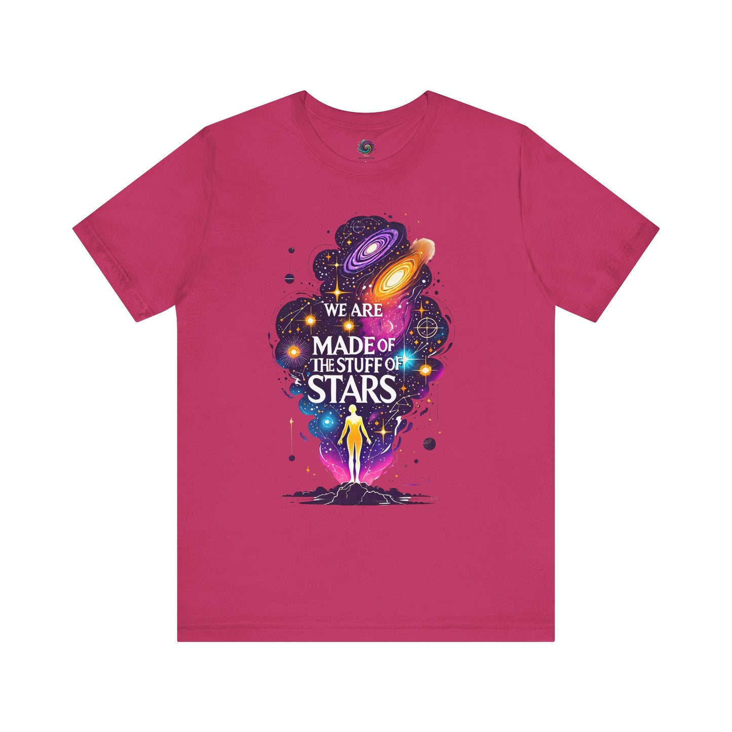 We Are Made of Star Stuff T-Shirt – Carl Sagan Inspired Galaxy Tee in berry with vibrant nebula art perfect for science and space lovers.