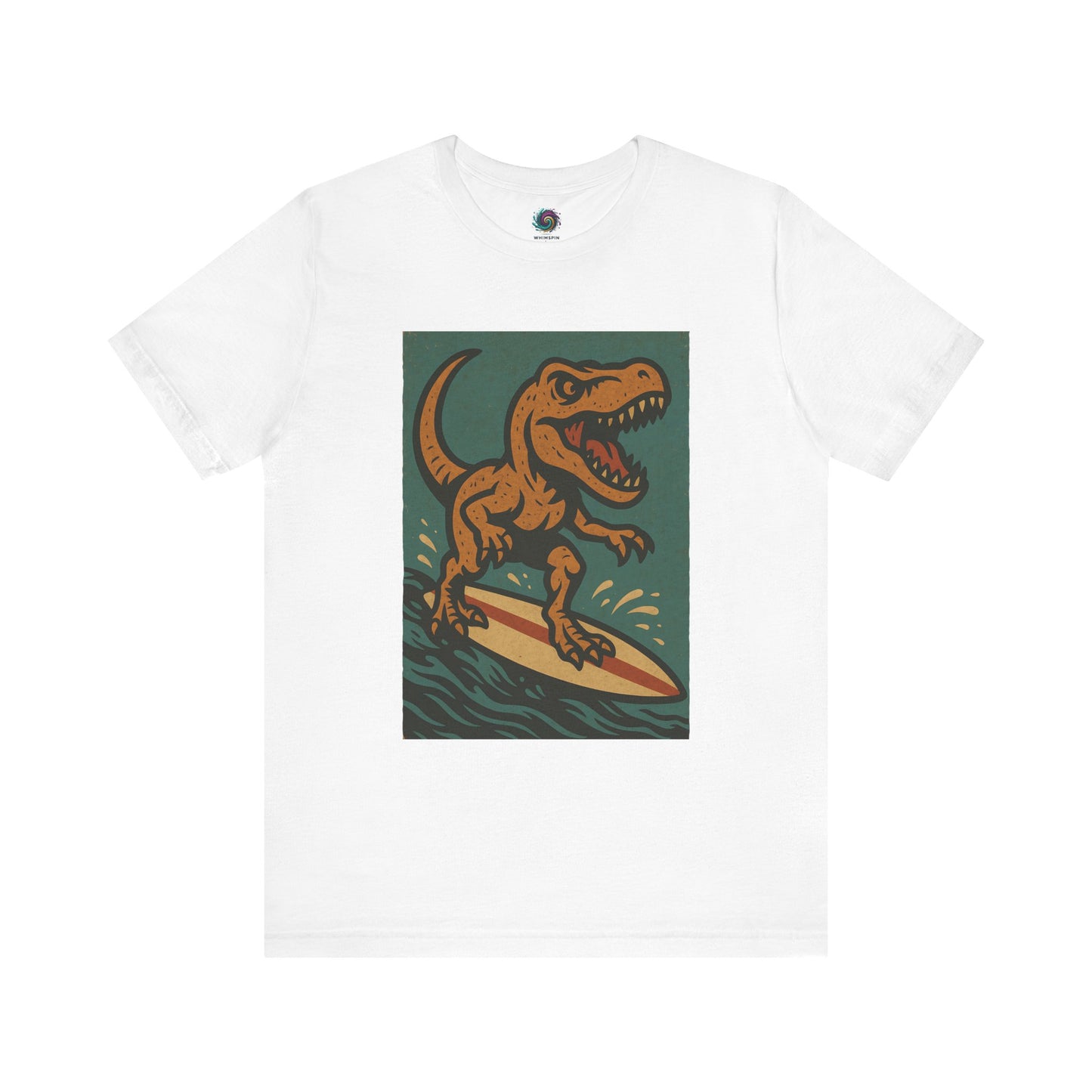 Surfing T-Rex T-Shirt – Funny Dinosaur Surfing Graphic Tee for Summer Vibes in white, highlighting a dinosaur surfing graphic perfect for summer vacations. a clean and bold surfing dinosaur design perfect for beach trips and casual surf wear.