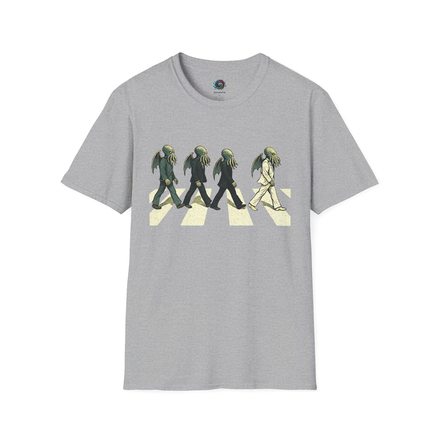 Gray t-shirt with a graphic of four figures walking on a road, similar to the Beatles' Abbey Road album cover, on a white background.