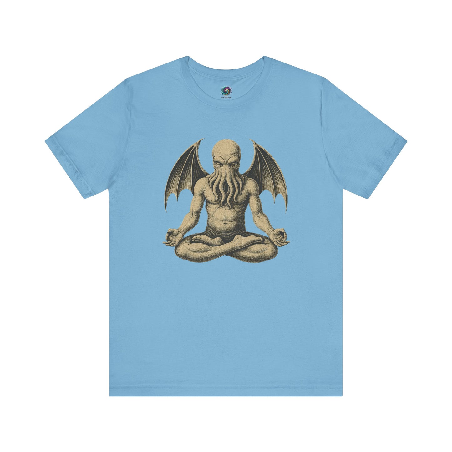 Meditating Cthulhu Shirt – Unisex Mythos Tee for Sci-Fi & Festival Fans in ocean blue, featuring the elder god mid-meditation, evoking cosmic calm.