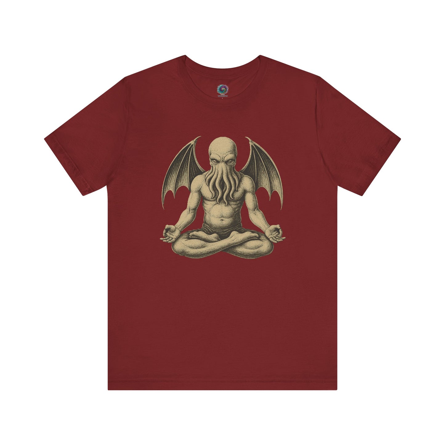 Meditating Cthulhu Shirt – Unisex Mythos Tee for Sci-Fi & Festival Fans in canvas red with a dramatic elder god in lotus position design, perfect for cosmic horror lovers.