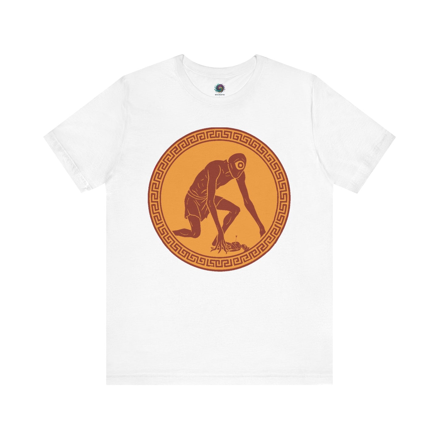White t-shirt with a central orange circular design featuring a stylized image of Polyphemus, Cyclops from The Odyssey on a white background