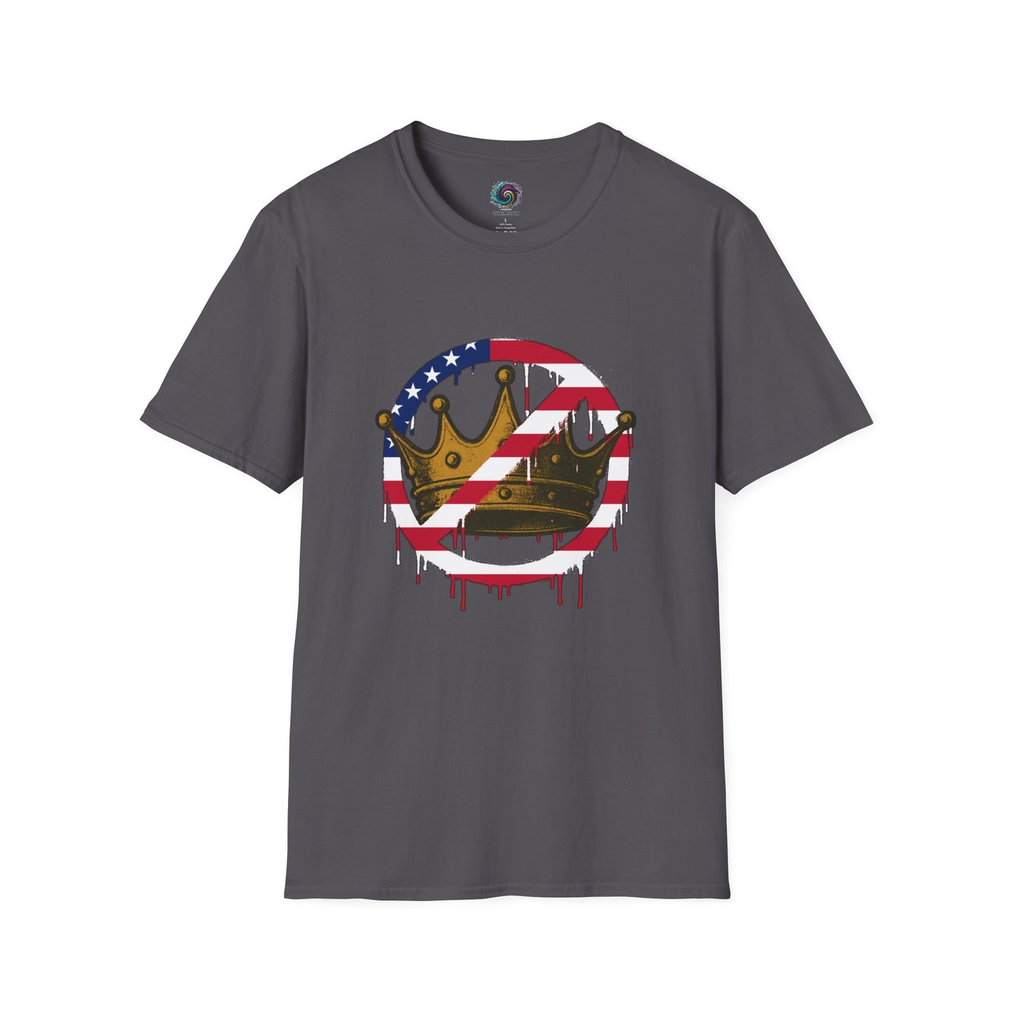 Dark Grey No Kings Protest T-Shirt from WhimSpin with a graphic design featuring a crown with the "no" slashed circle symbol drawn in an American flag pattern on a white background