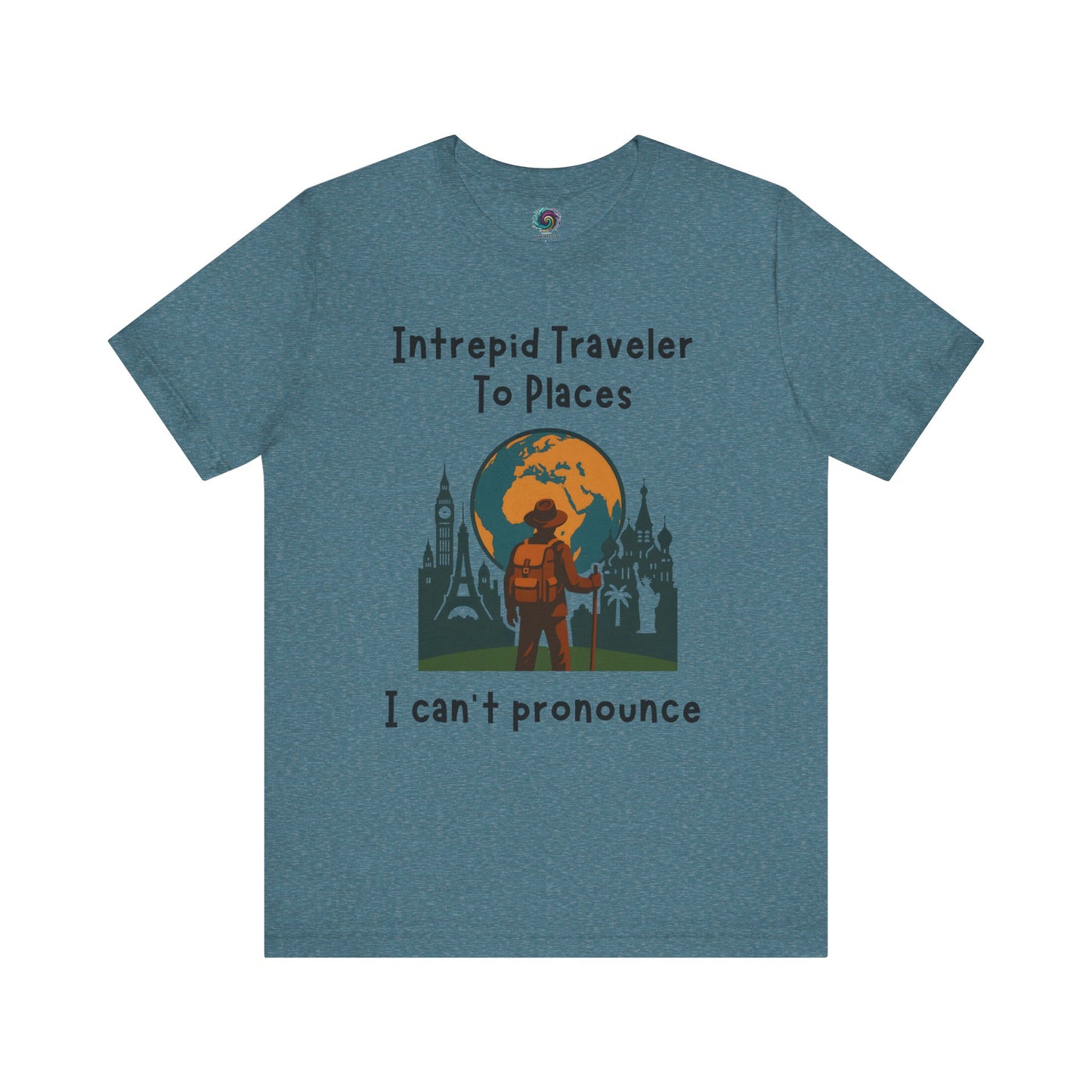 Dark teal t-shirt with a graphic design with landmarks and the world and text on a white background for global travelers