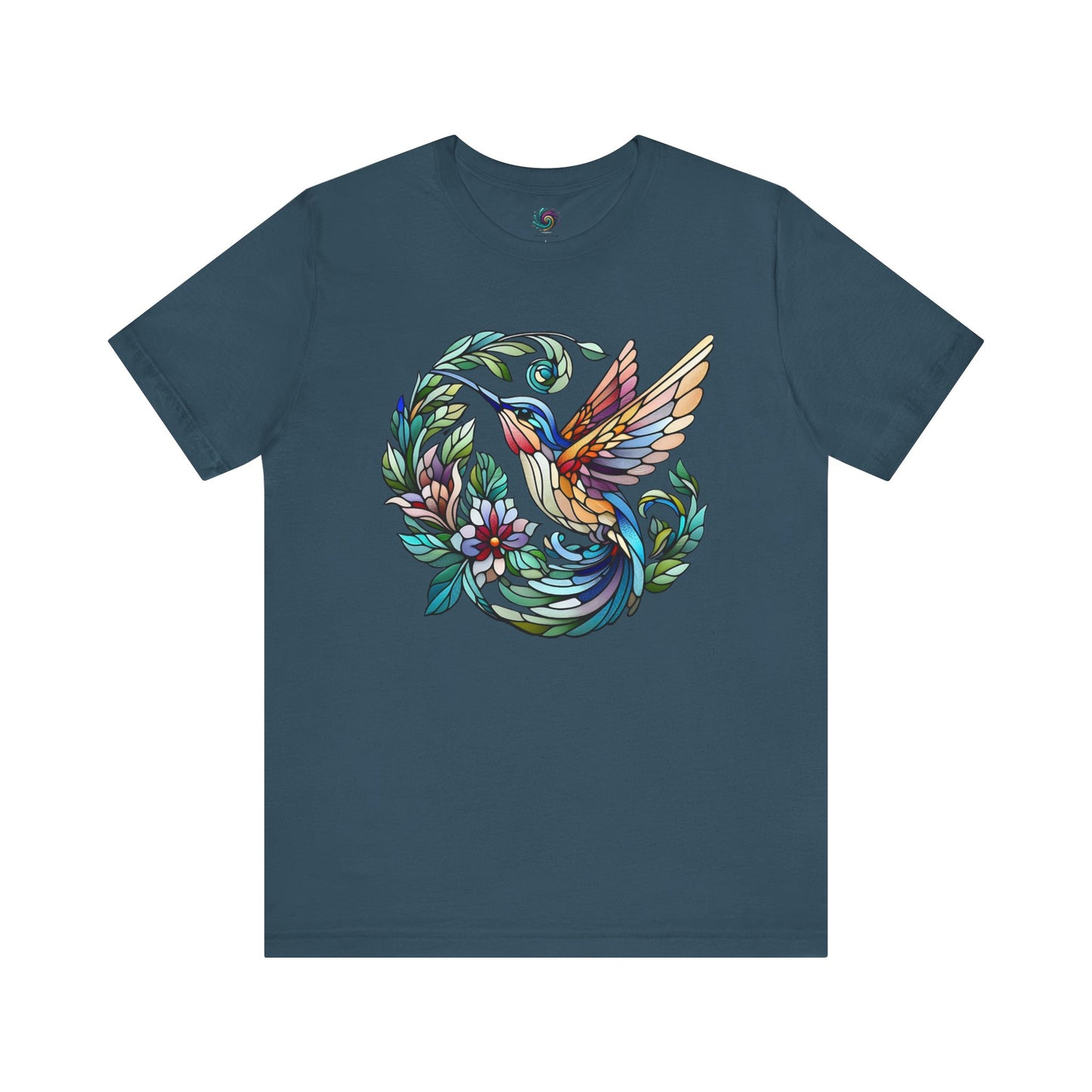 Stained Glass Hummingbird T-Shirt – Colorful Floral Bird Graphic Tee in deep teal with stained glass hummingbird art and soft nature-inspired colors.