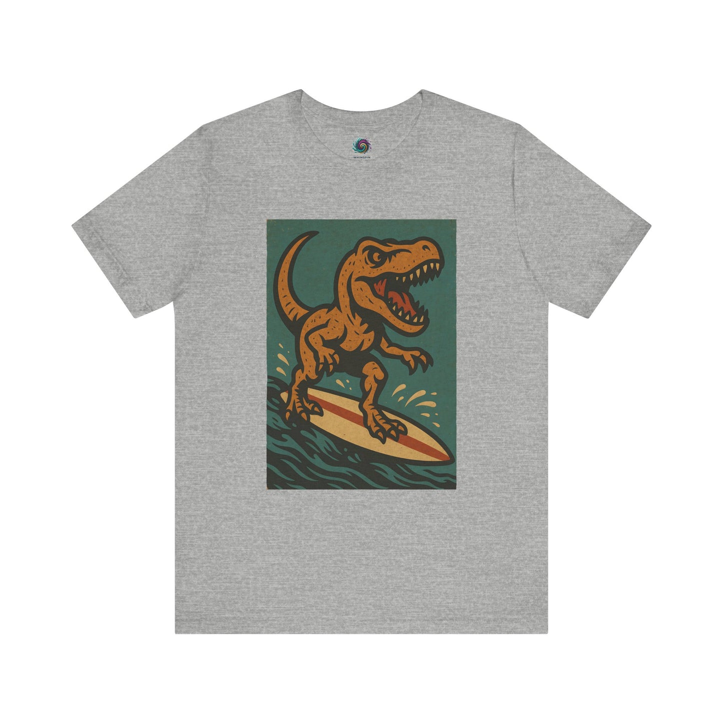 Surfing T-Rex T-Shirt – Funny Dinosaur Graphic Tee in grey, featuring a surfing dinosaur riding a wave — the perfect dinosaur surfing shirt for beach days.