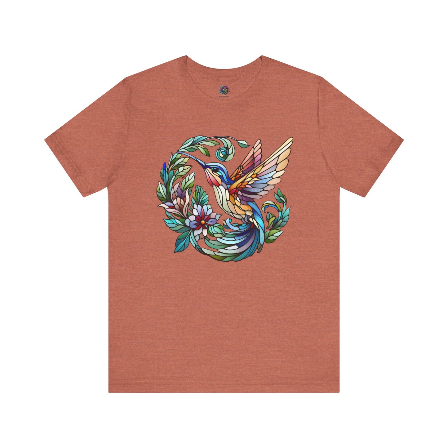 Stained Glass Hummingbird T-Shirt – Colorful Floral Bird Graphic Tee in heather clay, combining muted earthy hues with a stained glass bird illustration.