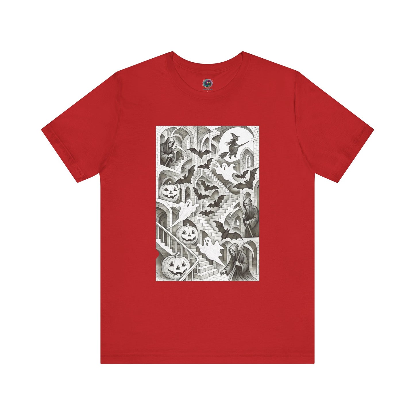 Red Halloween graphic tee with surreal stairs and floating jack-o’-lanterns