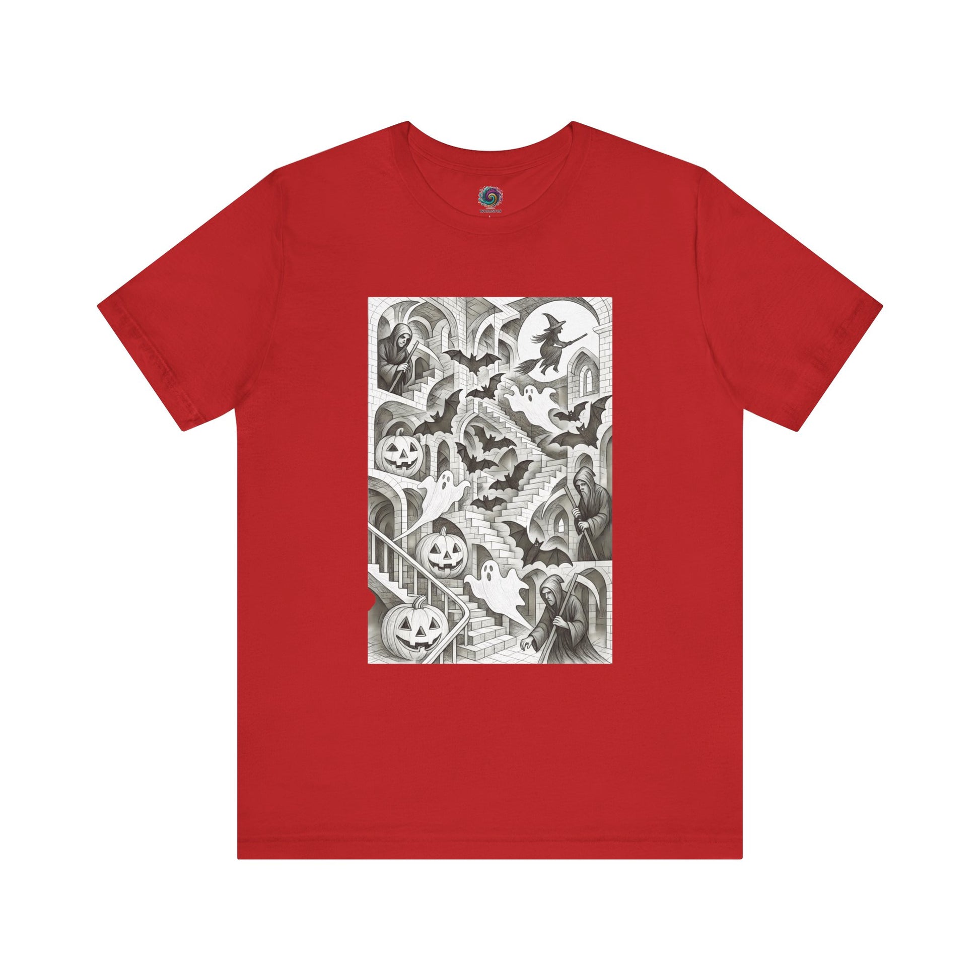 Red Halloween graphic tee with surreal stairs and floating jack-o’-lanterns