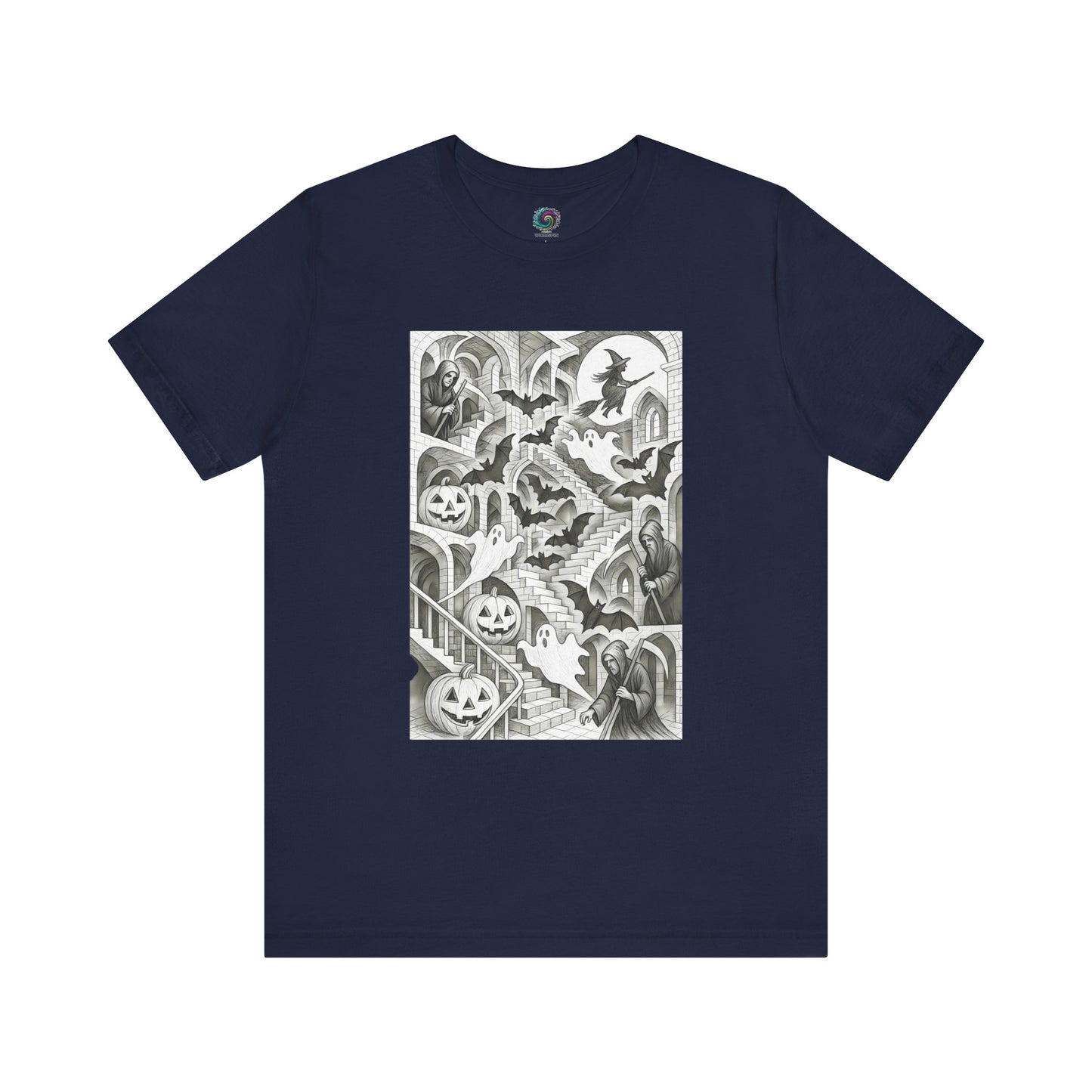 Navy t-shirt with stair-filled haunted house design and optical illusion