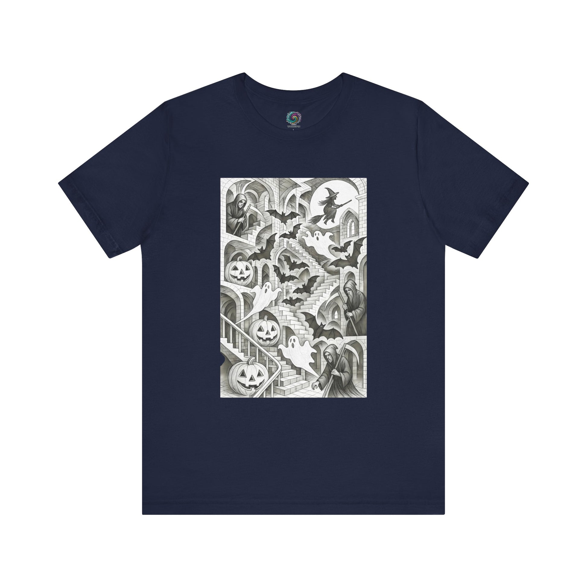 Navy t-shirt with stair-filled haunted house design and optical illusion