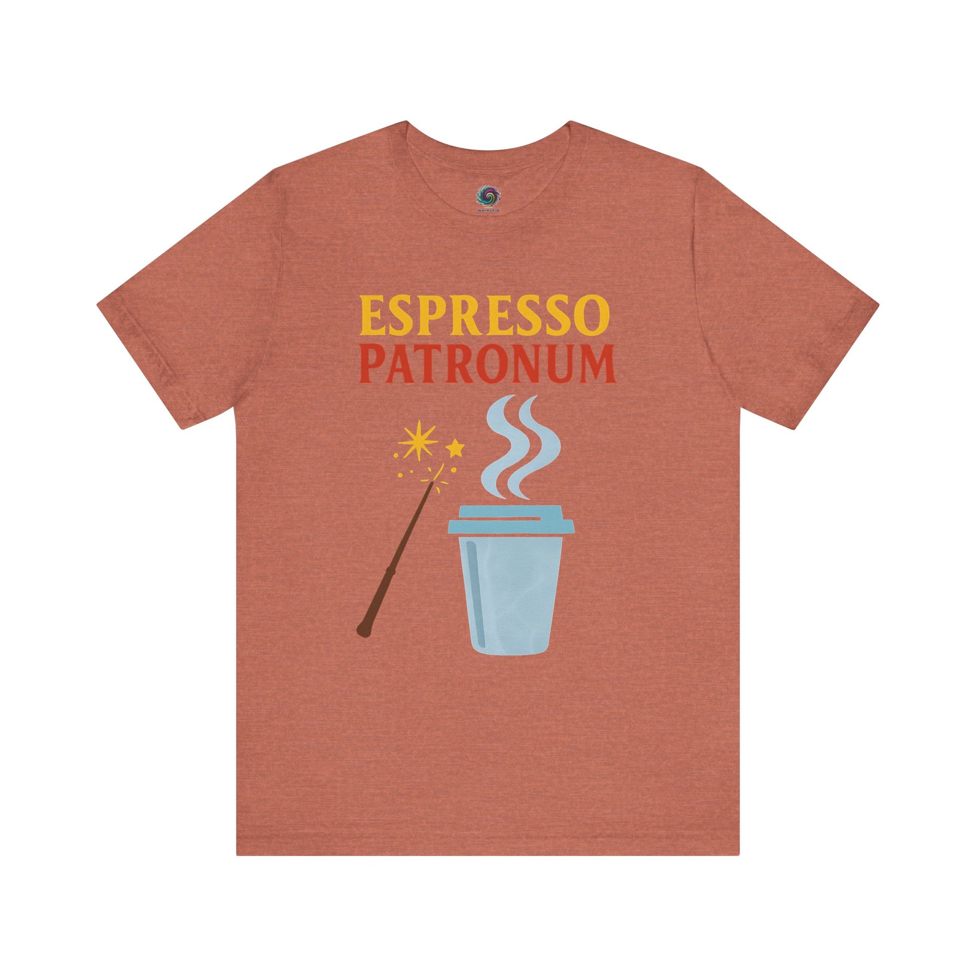 Espresso Patronum Shirt in earthy heather clay with vibrant wand and espresso cup artwork for parody lovers