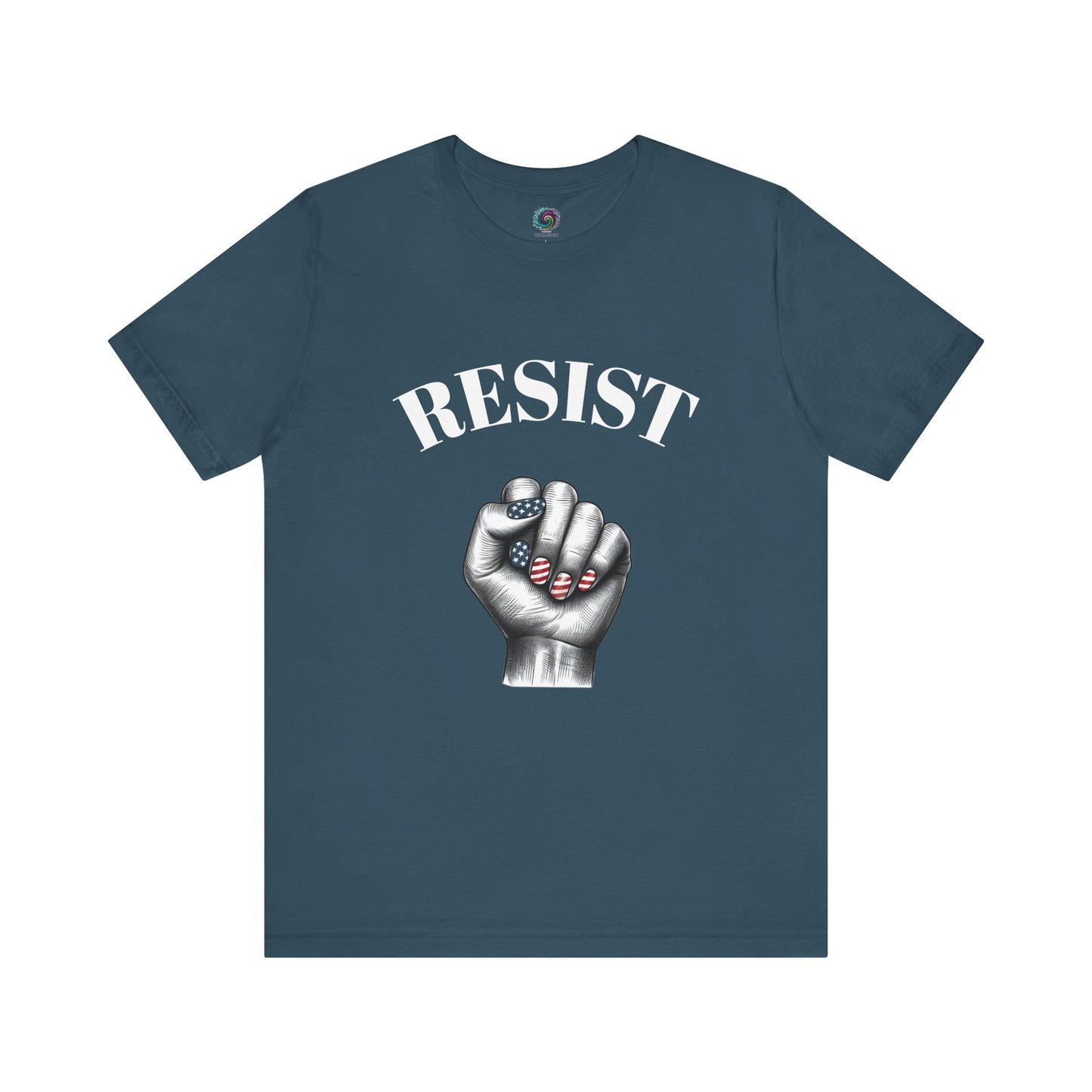 Resist Feminist Power Fist Tee in deep teal, perfect for showing bold patriotic resistance in rich, cool tones.