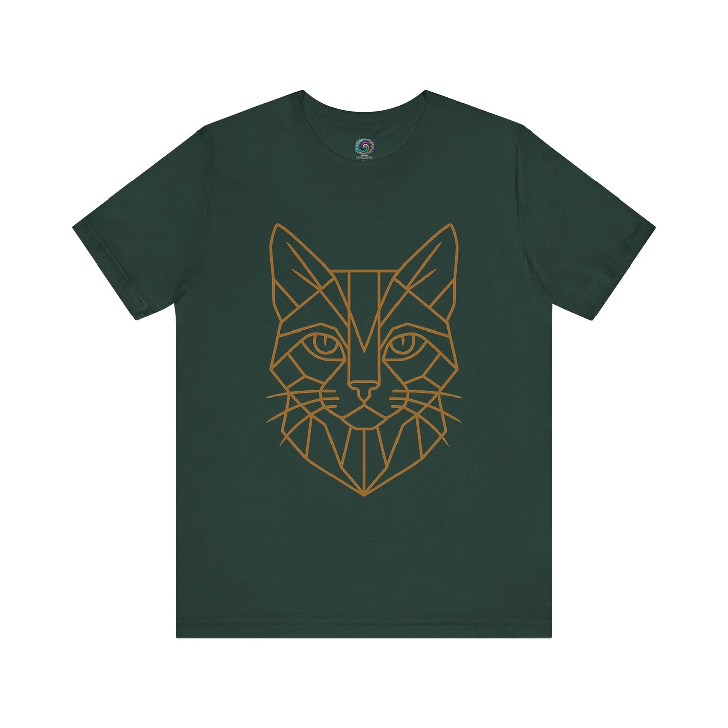 Dark green t shirt with a cat head drawn in geometric lines - Geometric Geometric Cat T-Shirt – Minimalist Line Art Tee from Whimspin
