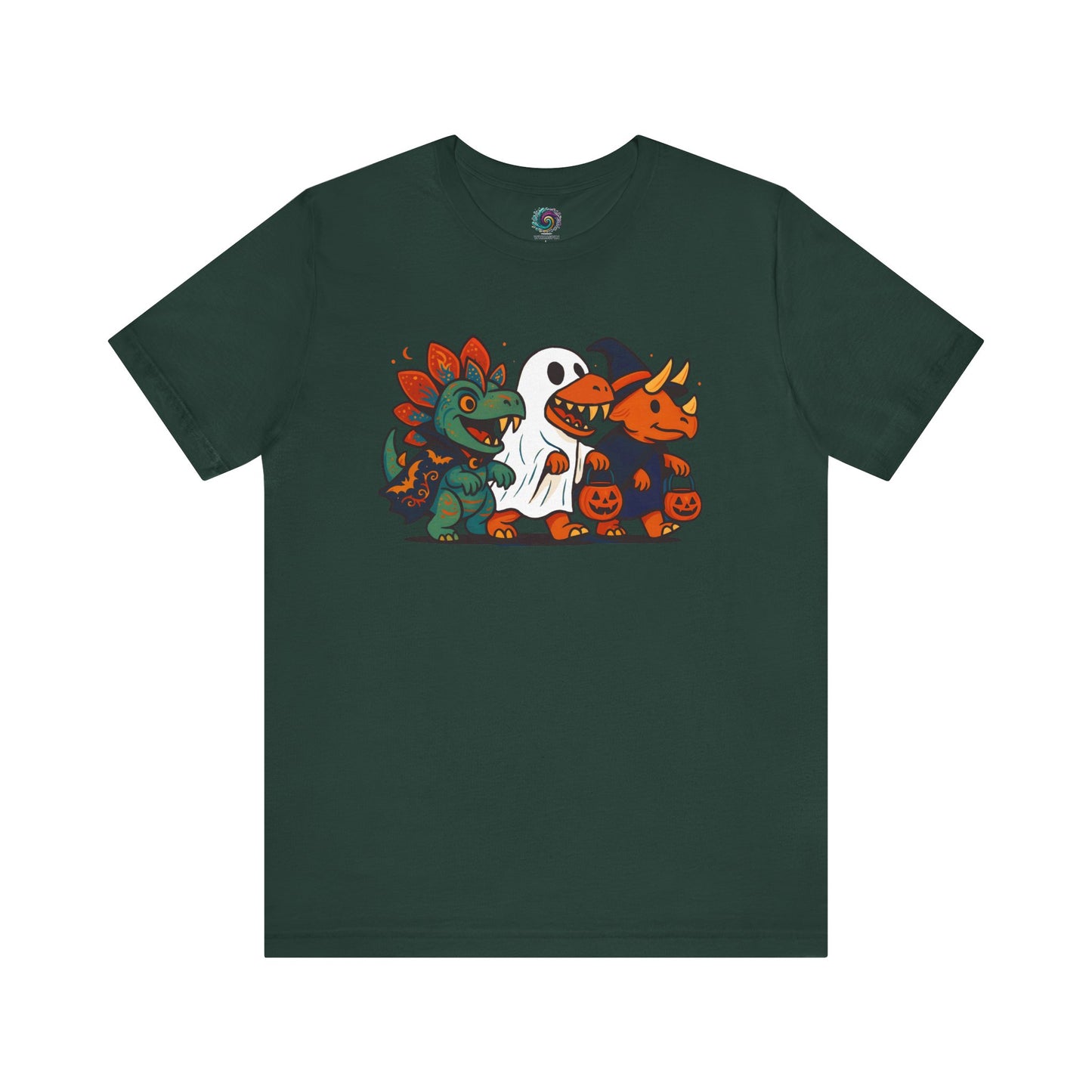 Forest Green t-shirt with cartoon dinosaurs wearing costumes Halloween design on a white background
