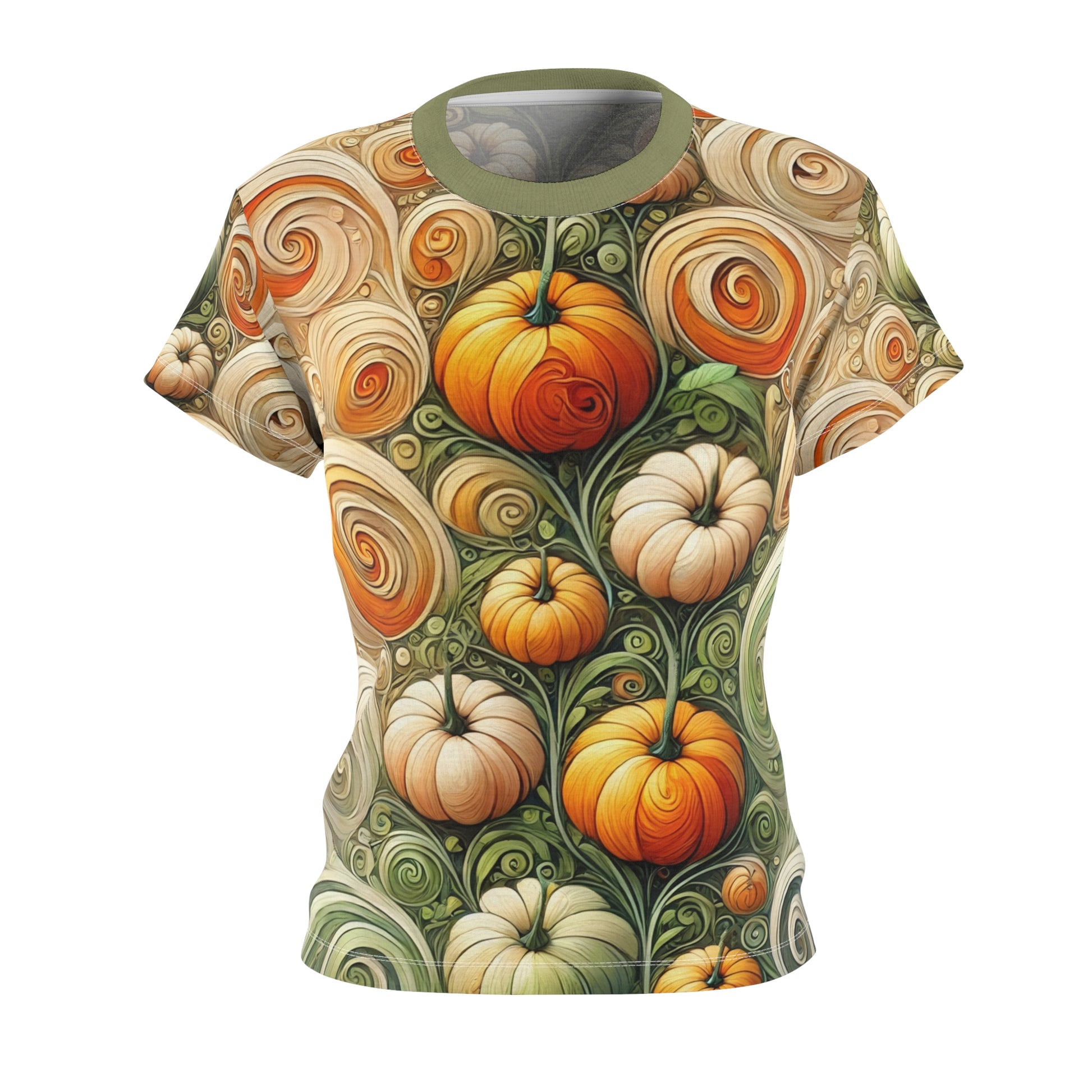 Pumpkin Swirl All-Over Print Women’s T-Shirt – Fall Art Tee with an artistic swirl design of pumpkins in orange, cream, and green tones across the front.