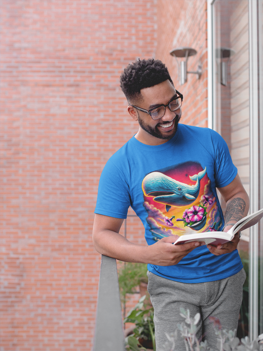 Man reading on balcony in whale shirt "Oh No Not Again" Petunias and Whale Tee – funny Hitchhiker's Guide shirt with floating whale and petunias, perfect for readers, sci-fi fans, and quirky graphic tee collectors