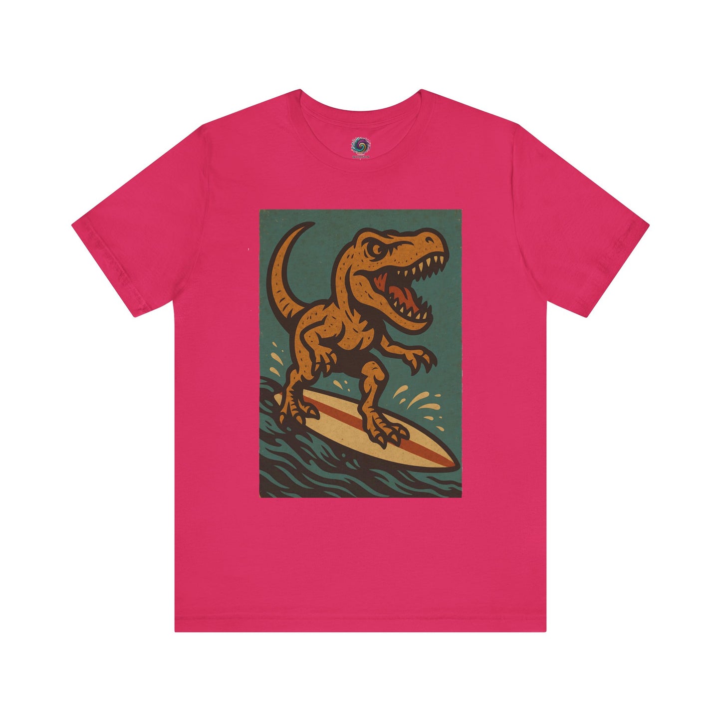 Fuschia Surfing t-rex t shirt from WhimSpin- A rearing t Rex riding a yellow surf board on the waves