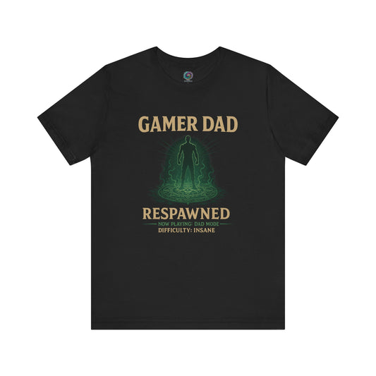 Gamer Dad Respawned T-Shirt – Funny New Dad Shirt for Gamers in classic black with glowing green silhouette design.