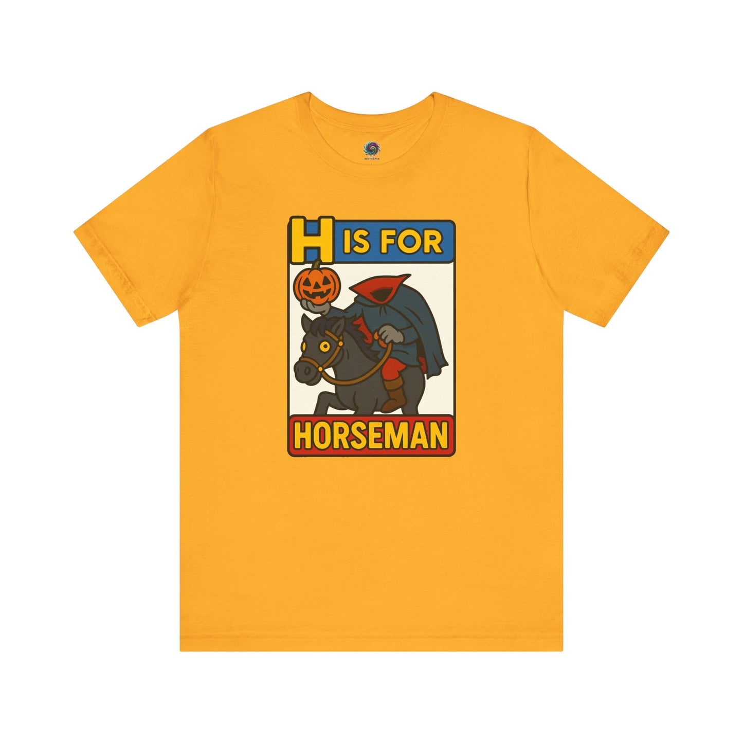H is for Horseman T-Shirt – Headless Horseman Halloween Tee in gold, flat lay ghostly pumpkin rider artwork, Halloween horseman shirt variant