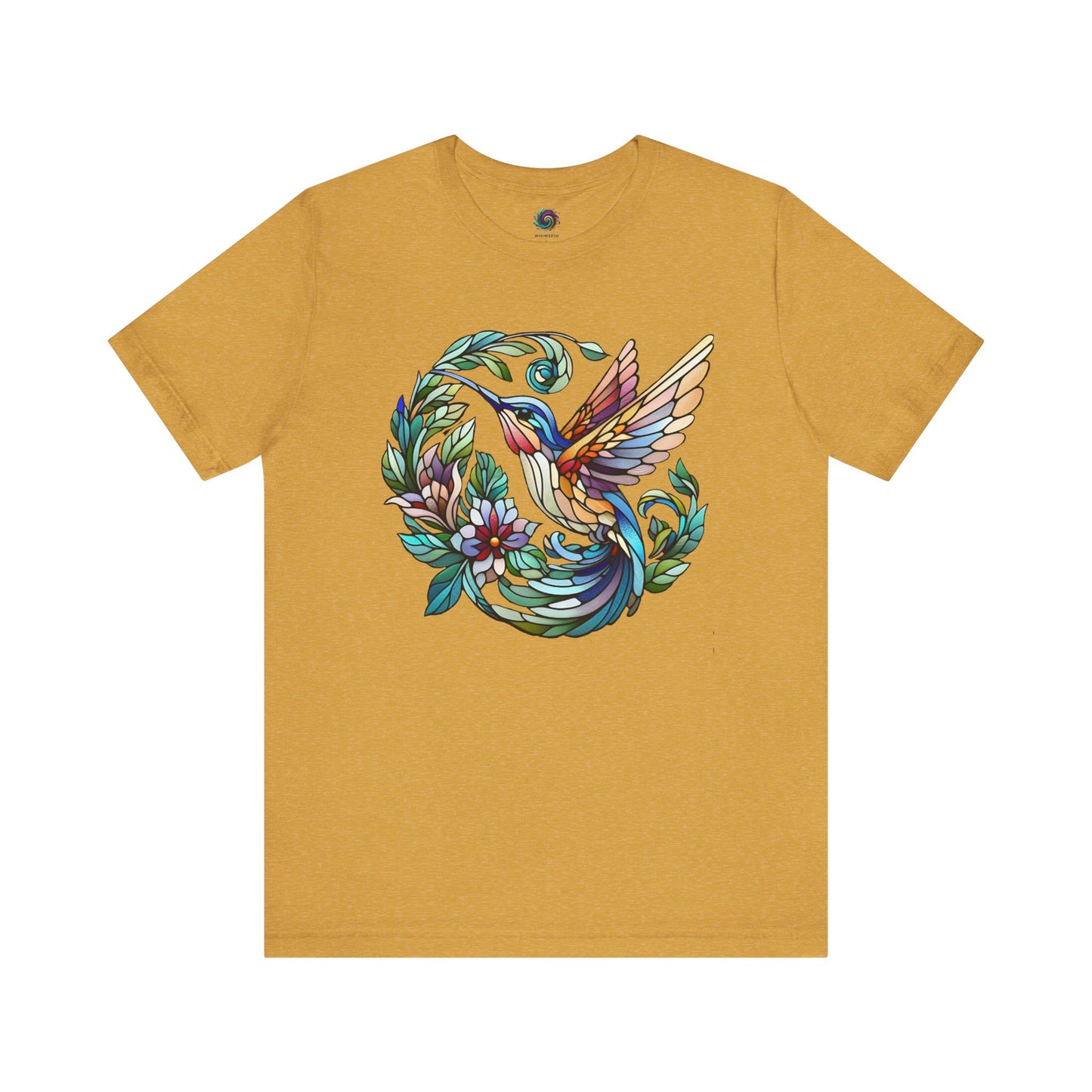 Stained Glass Hummingbird T-Shirt – Colorful Floral Bird Graphic Tee in heather mustard with a bright stained glass hummingbird centered among flowers.