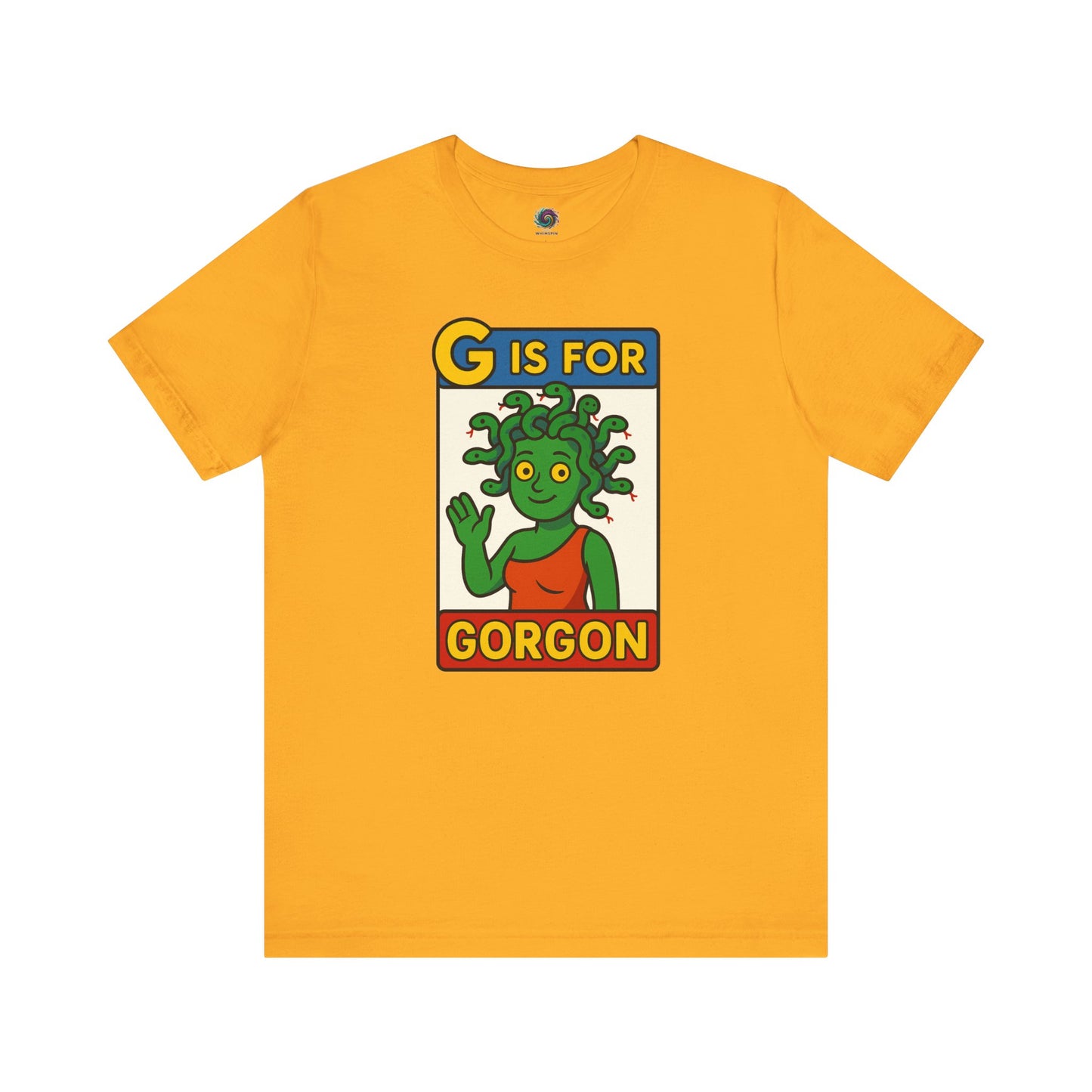 G is for Gorgon shirt in gold, a halloween gorgon shirt featuring bright gorgon head cartoon design.