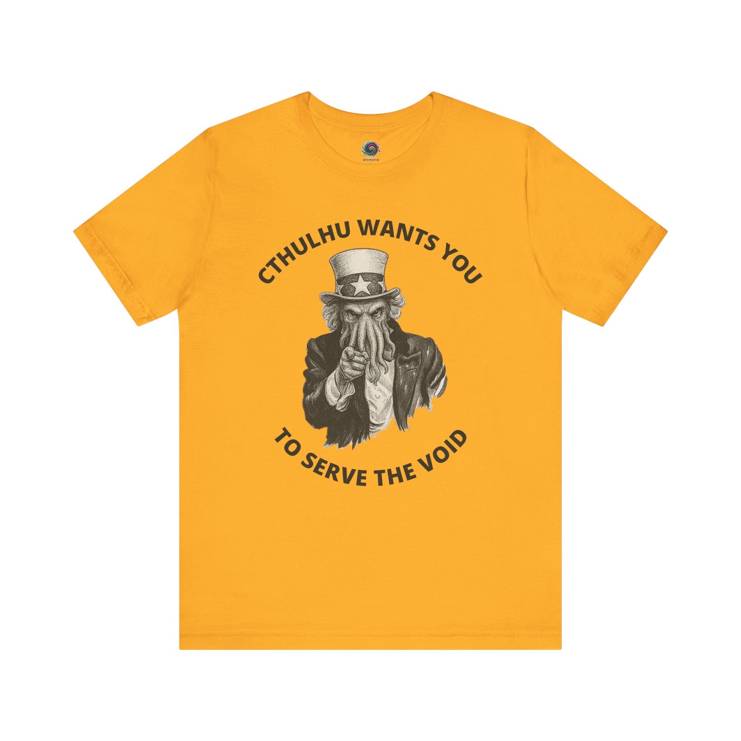 Cthulhu Wants You T-Shirt – Mythos Horror Tee for Lovecraft Fans in gold with a vintage-style Cthulhu Uncle Sam graphic urging service to the void.