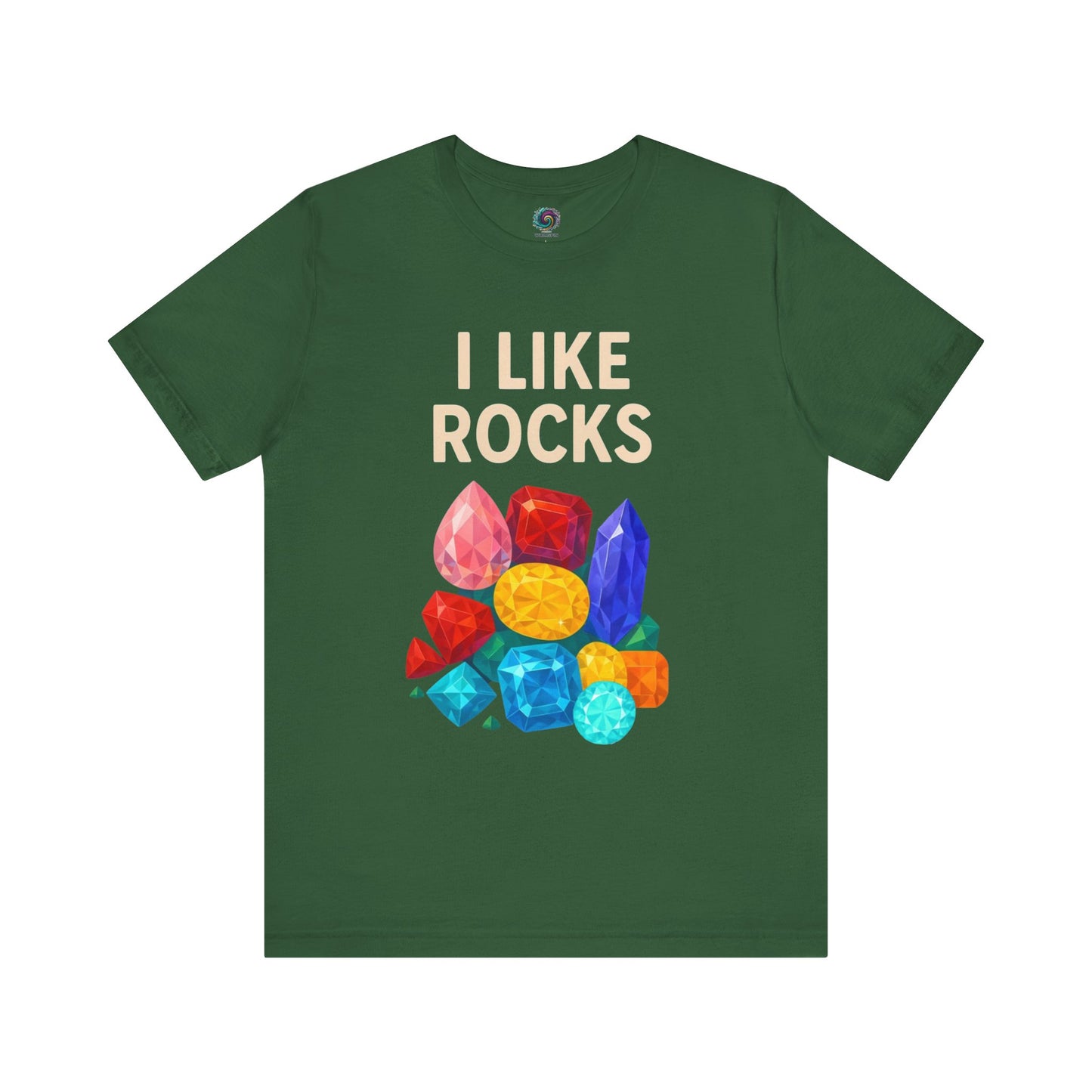 Green t-shirt with 'I Like Rocks' text and colorful gemstone graphics on a white background