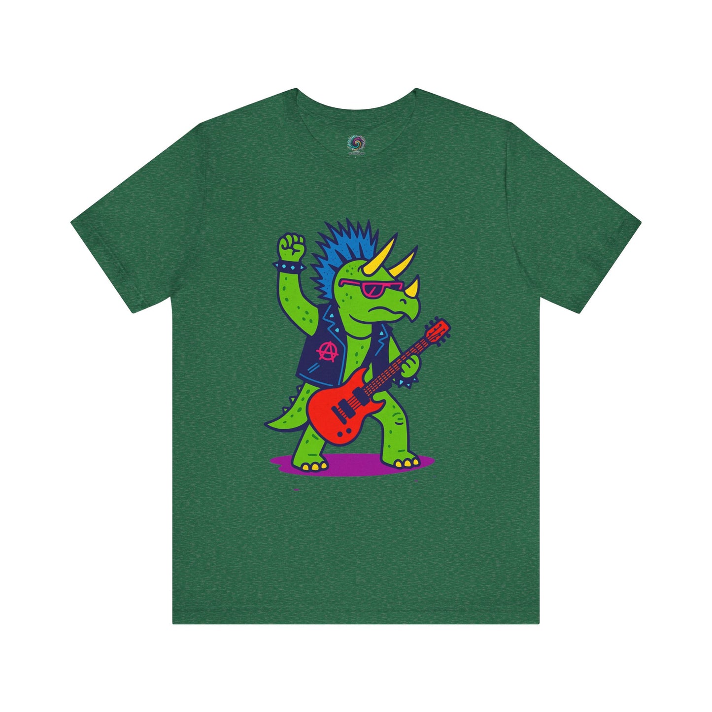 Punk Rock Triceratops T-Shirt – Funny Dinosaur Tee for Adults in heather grass, designed for fans of dinosaur rockstars and triceratops guitar style.