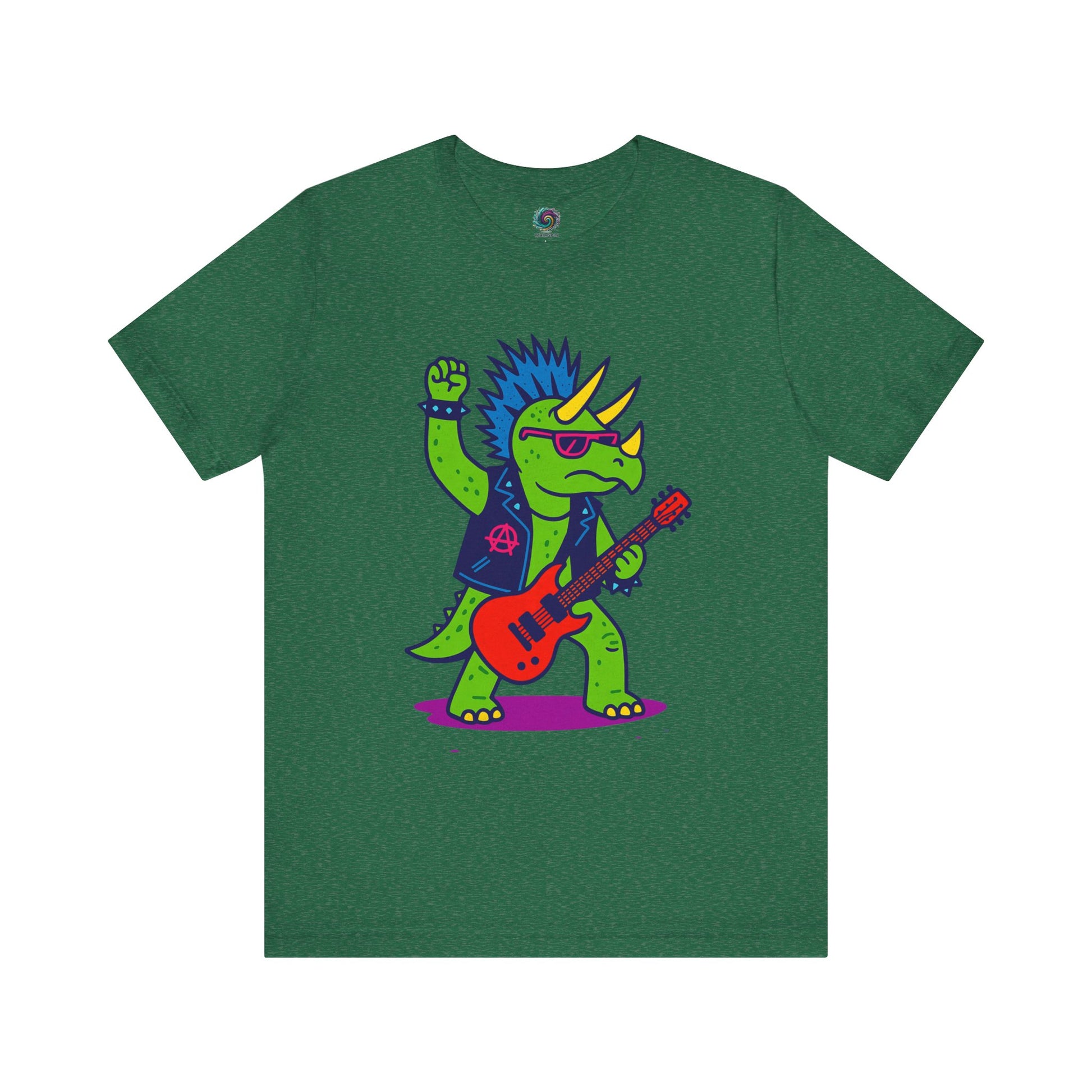 Punk Rock Triceratops T-Shirt – Funny Dinosaur Tee for Adults in heather grass, designed for fans of dinosaur rockstars and triceratops guitar style.