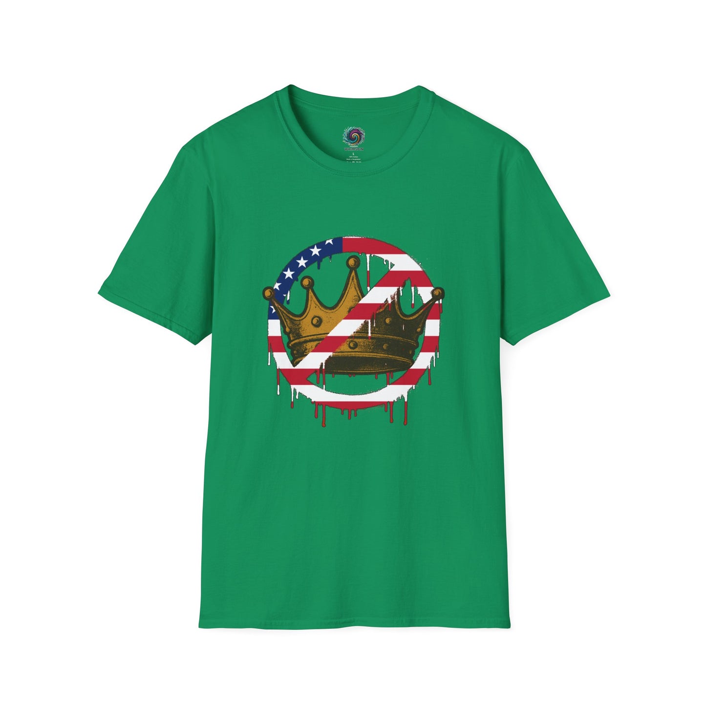 Green No Kings Protest T-Shirt from WhimSpin with a graphic design featuring a crown with the "no" slashed circle symbol drawn in an American flag pattern on a white background