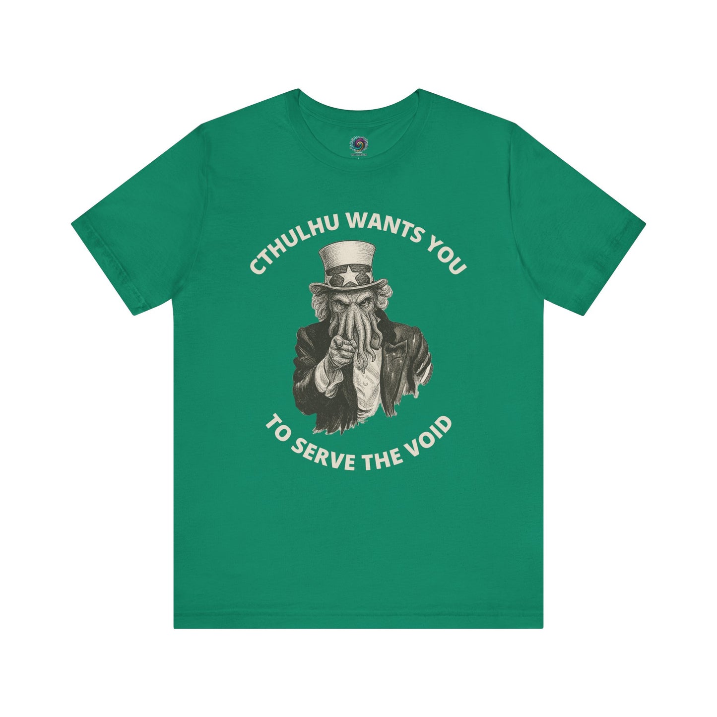 Cthulhu Wants You T-Shirt – Mythos Horror Tee for Lovecraft Fans in kelly green with a vintage Cthulhu t-shirt print urging you to serve the void.