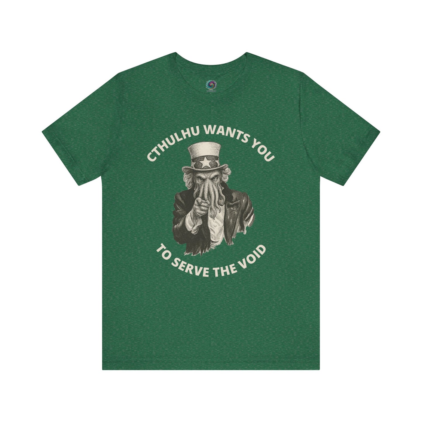 Cthulhu Wants You T-Shirt – Mythos Horror Tee for Lovecraft Fans in kelly green with a vintage Cthulhu t-shirt print urging you to serve the void.
