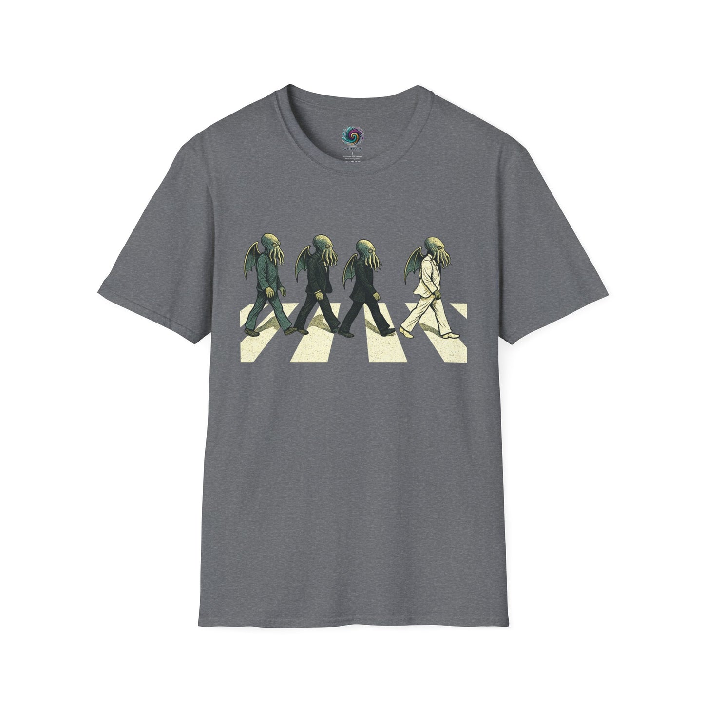 Gray t-shirt with a graphic design of four Cthulhus wearing suitsfigures crossing a zebra crossing on a white background