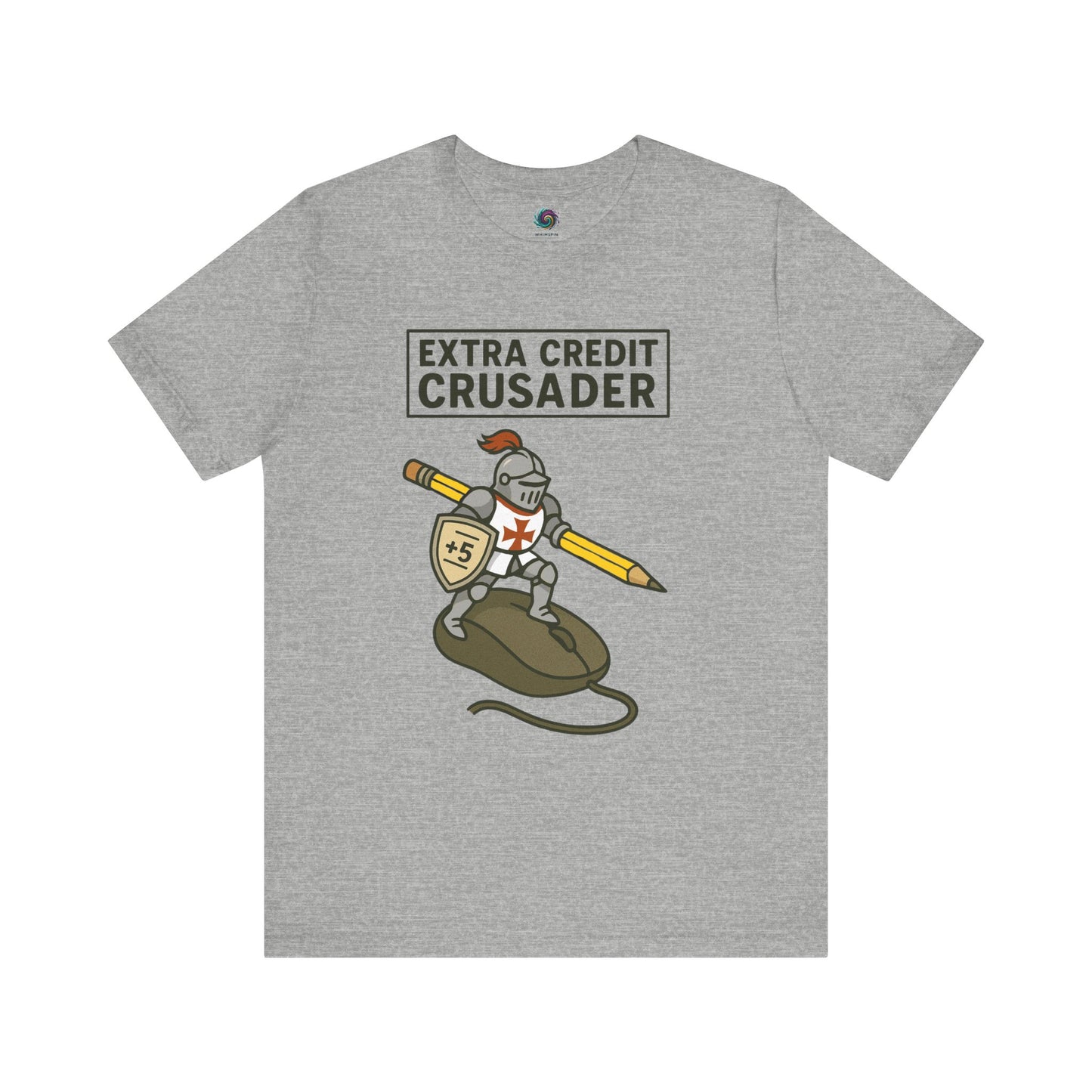 Gray t-shirt with a graphic of a crusader and 'Extra Credit Crusader' text on a white background from WhimSpin.