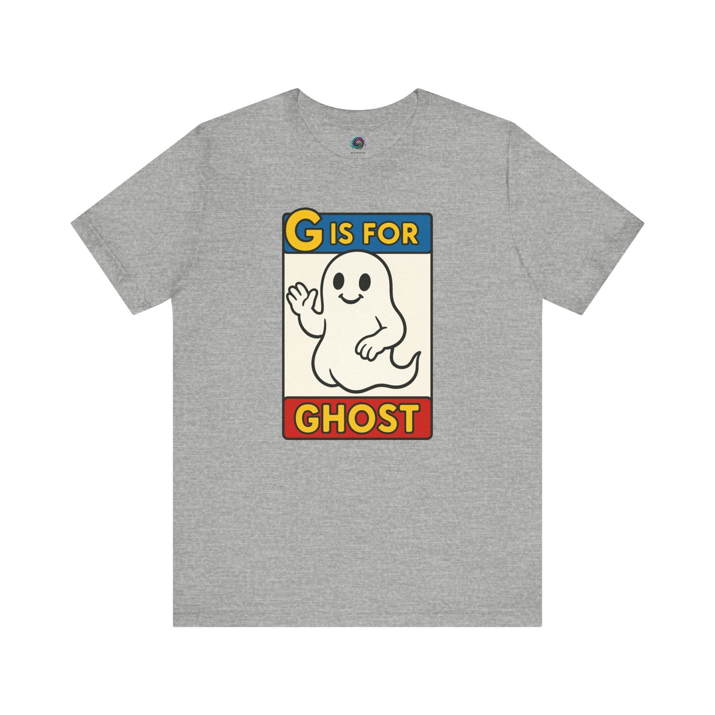 G is for Ghost T-Shirt – Funny Monster Alphabet Halloween Tee in grey, flat lay ghost alphabet shirt with cheerful cartoon ghost.