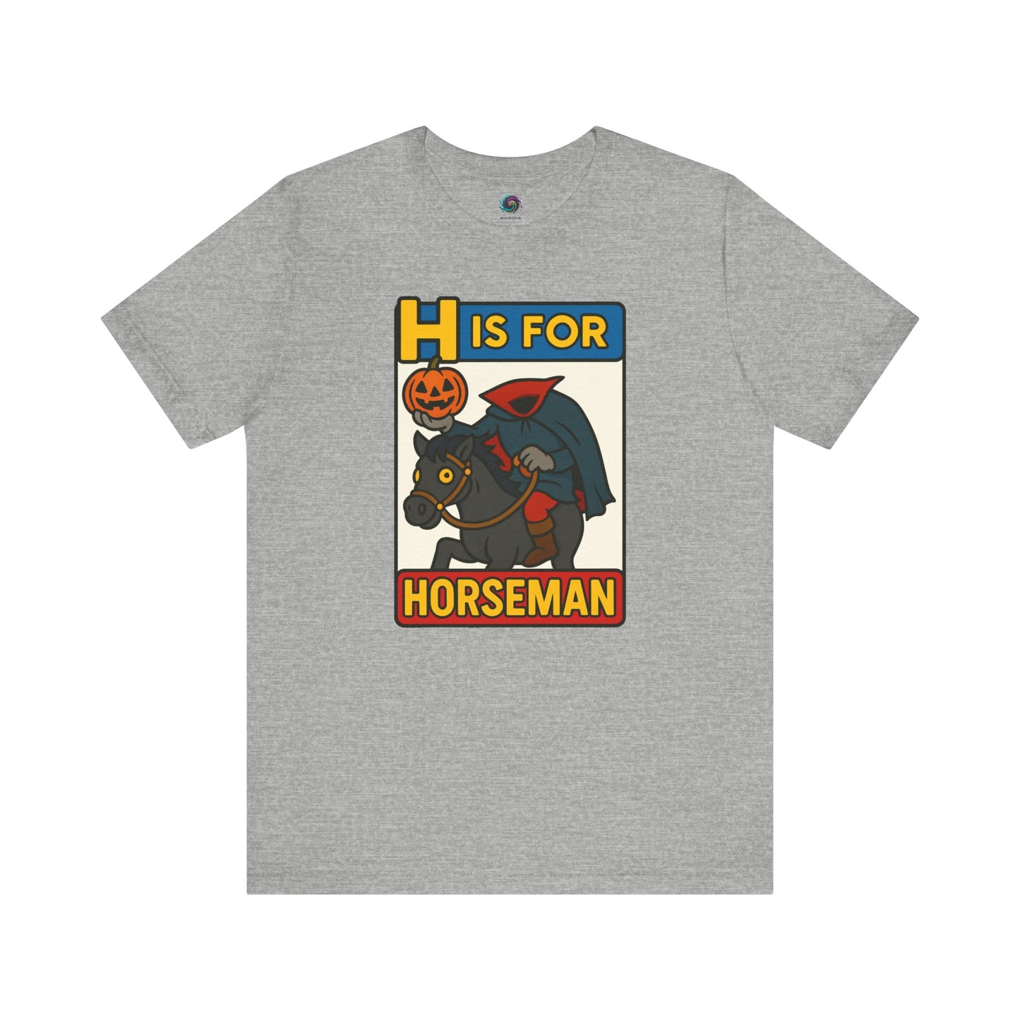 H is for Horseman T-Shirt – Headless Horseman Halloween Tee in grey, flat lay design with cartoon pumpkin-headed rider for Halloween horseman fans.