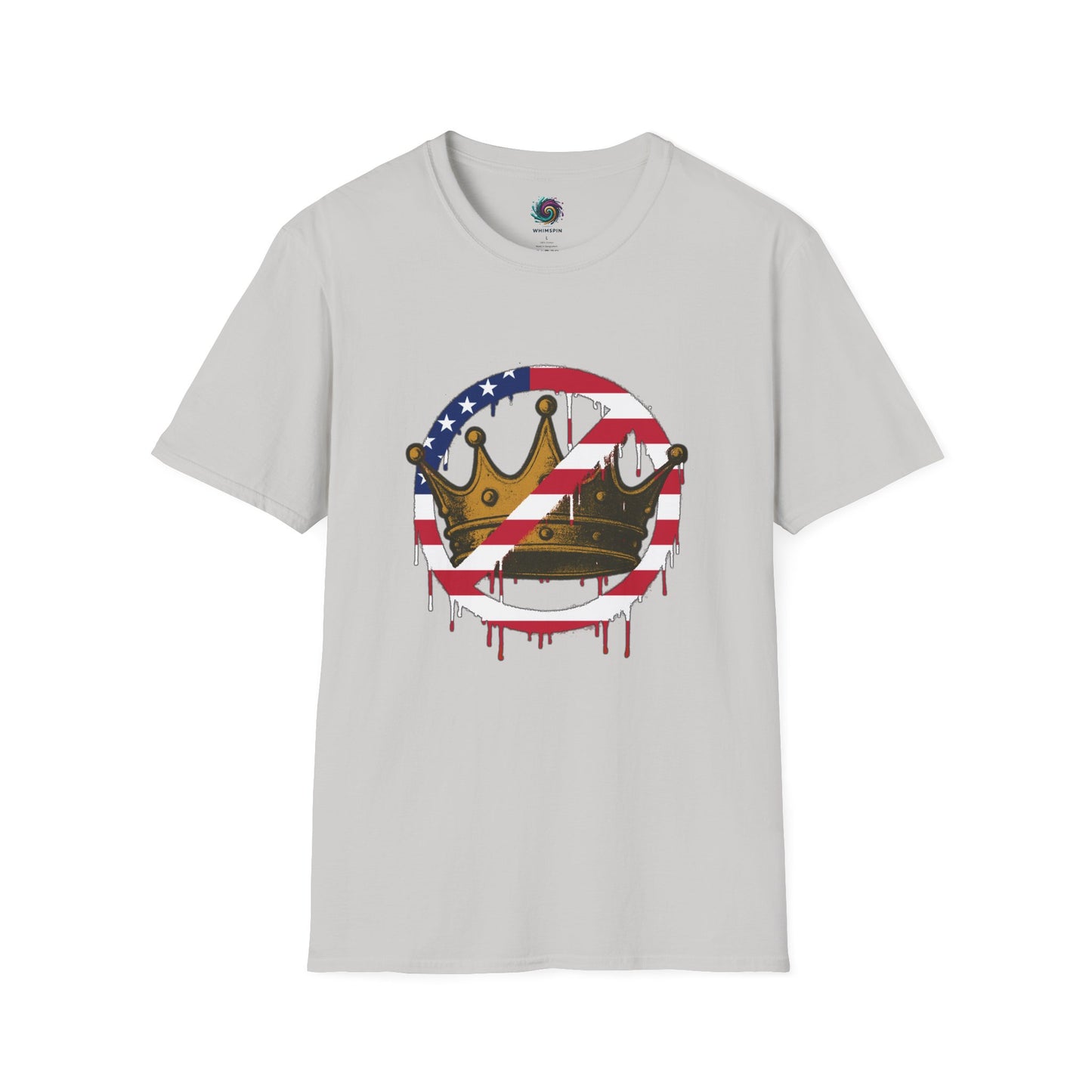 No Kings Protest T-Shirt from WhimSpin with a graphic design featuring a crown with the "no" slashed circle symbol drawn in an American flag pattern on a white background