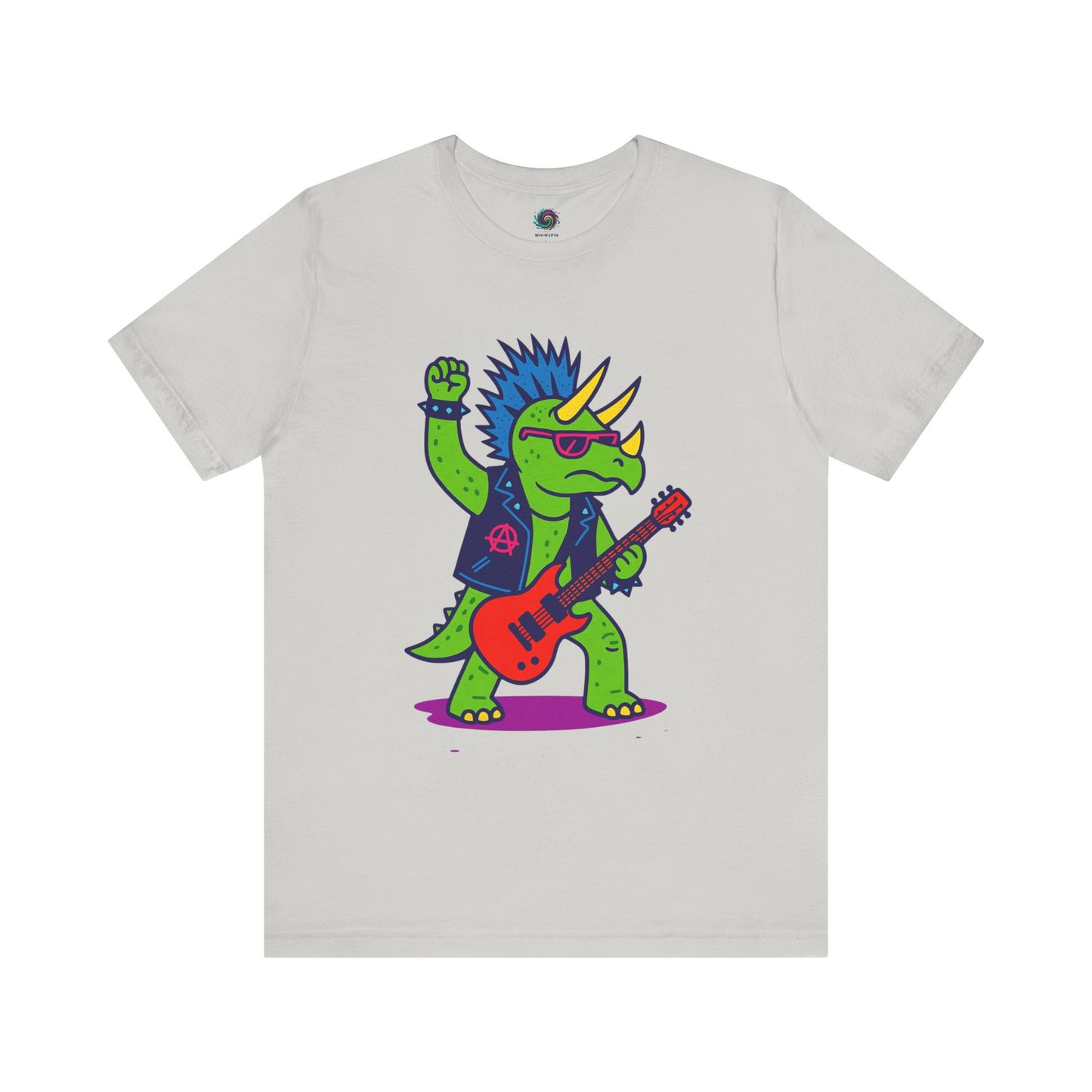 Punk Rock Triceratops T-Shirt – Funny Dinosaur Tee for Adults in heather grey, highlighting a spiky-haired triceratops playing guitar, ideal for dinosaur music lovers.