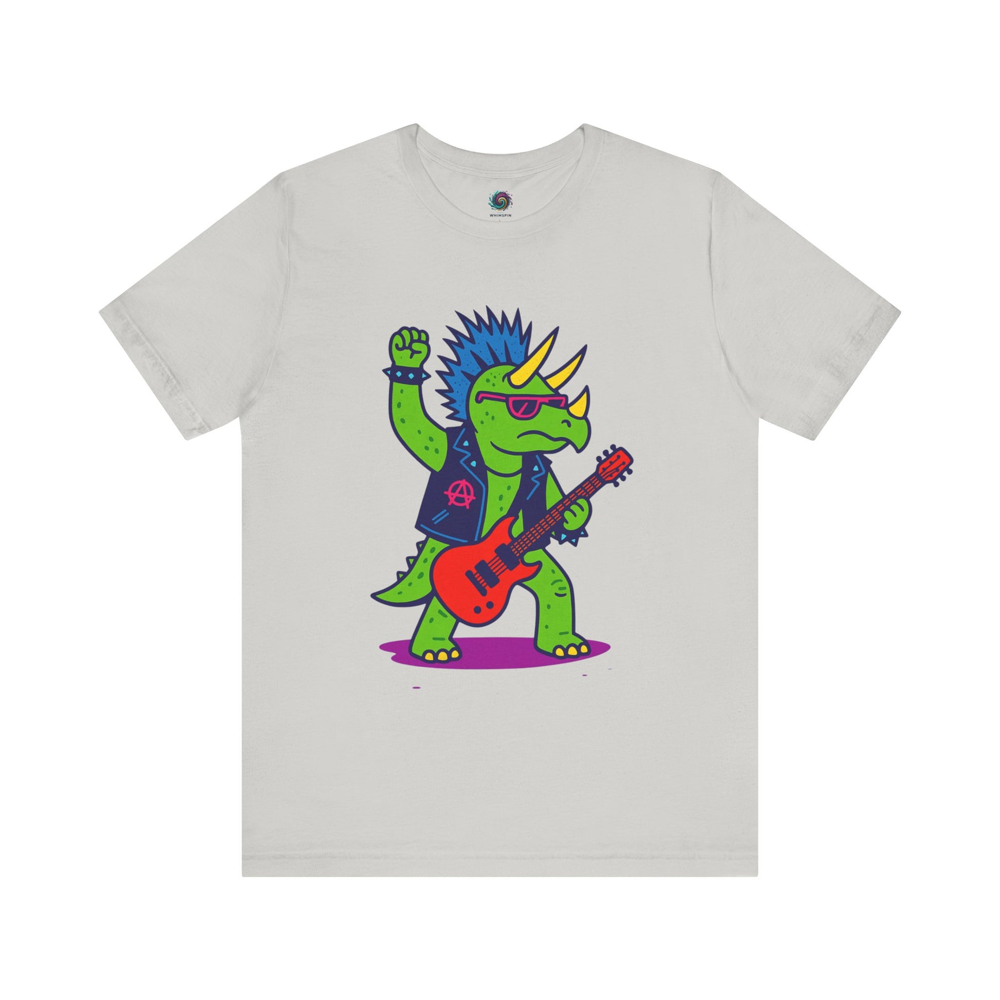 Punk Rock Triceratops T-Shirt – Funny Dinosaur Tee for Adults in heather grey, highlighting a spiky-haired triceratops playing guitar, ideal for dinosaur music lovers.