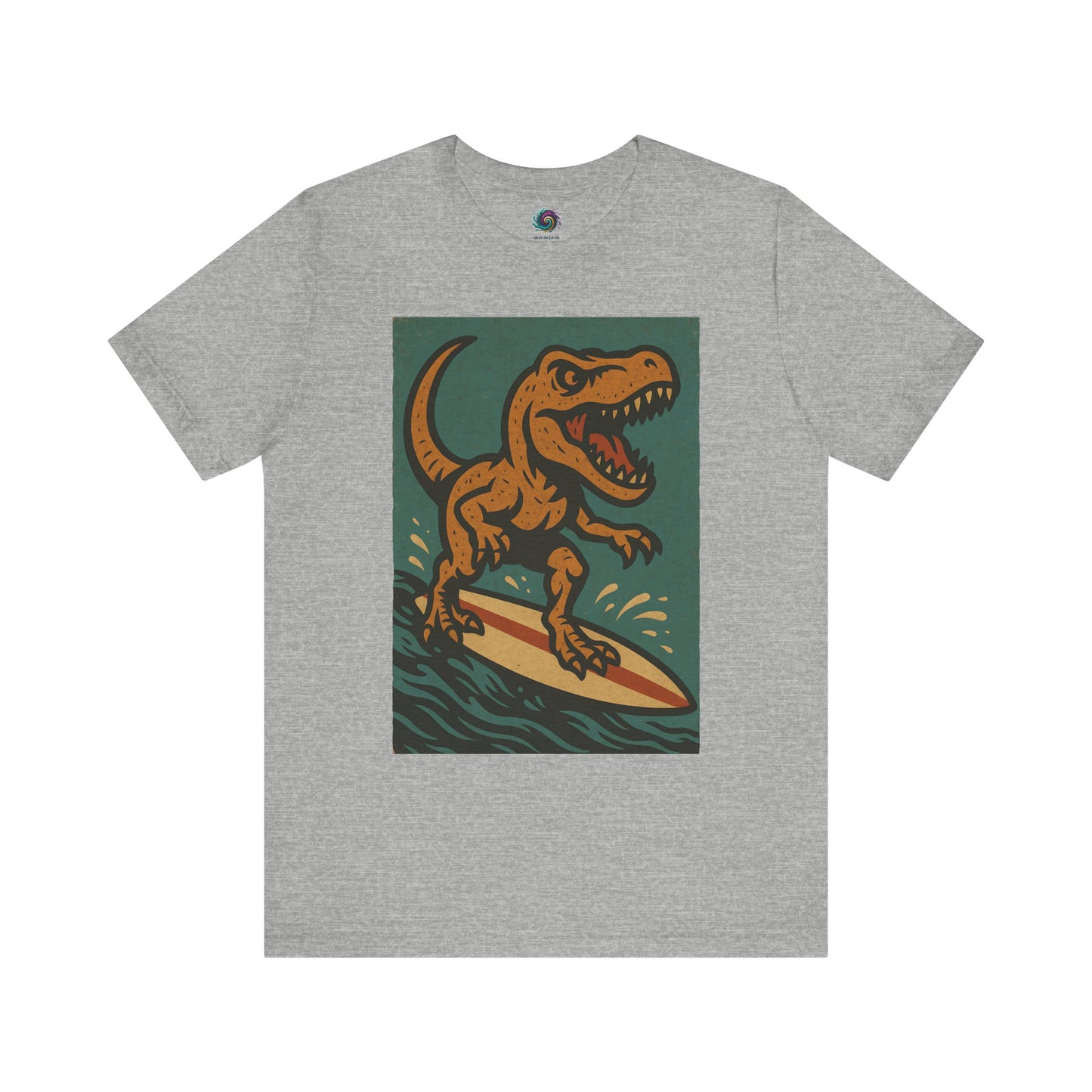 Grey Surfing t-rex t shirt from WhimSpin- A rearing t Rex riding a yellow surf board on the waves