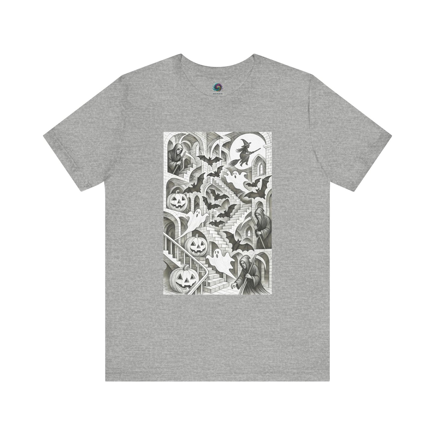 Grey t-shirt with ghostly MC Escher stair pattern and haunted hall